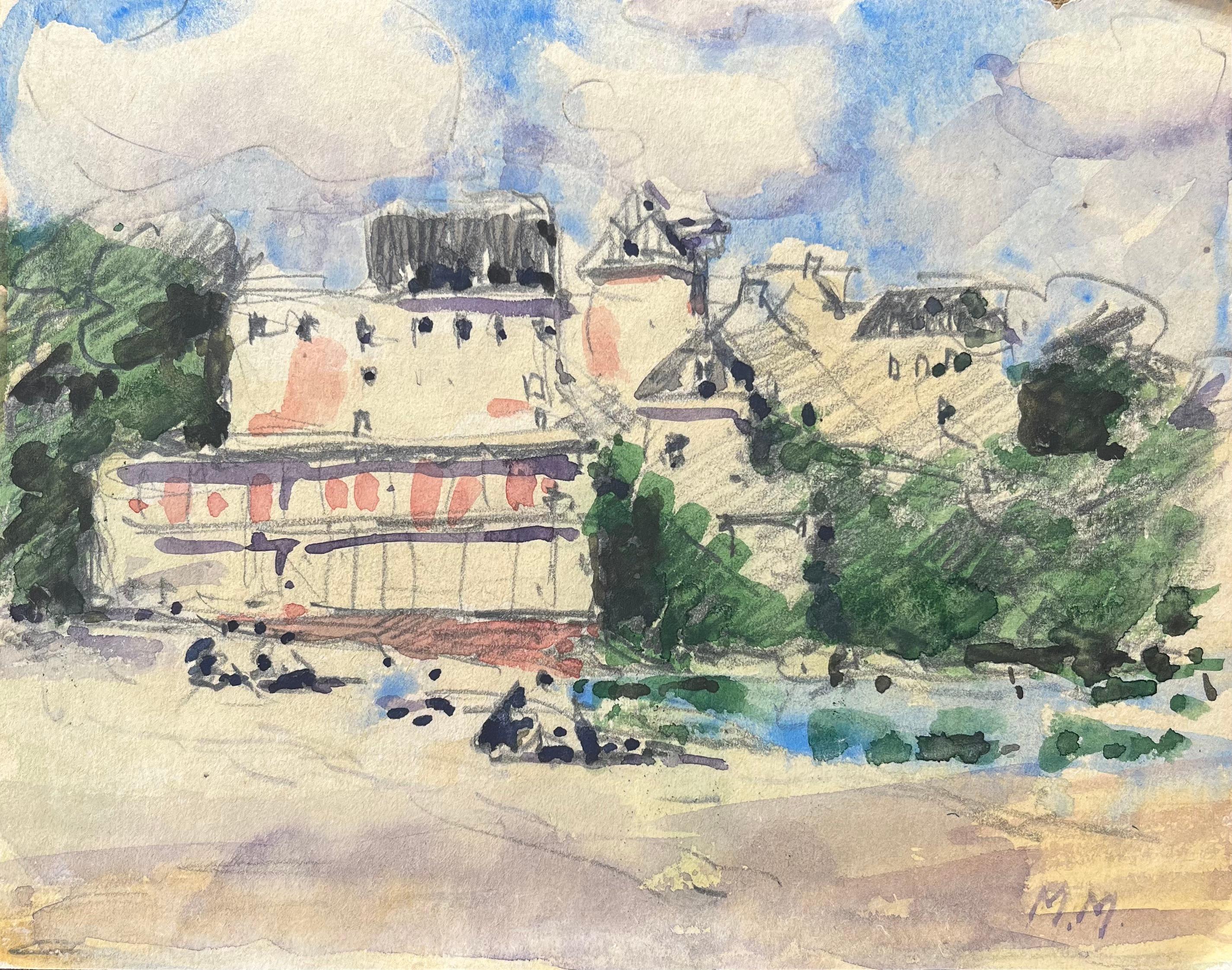 Landscape Art Maurice Mazeilie - Aquarelle impressionniste française d'une scène de plage avec un bâtiment éclairé par le soleil