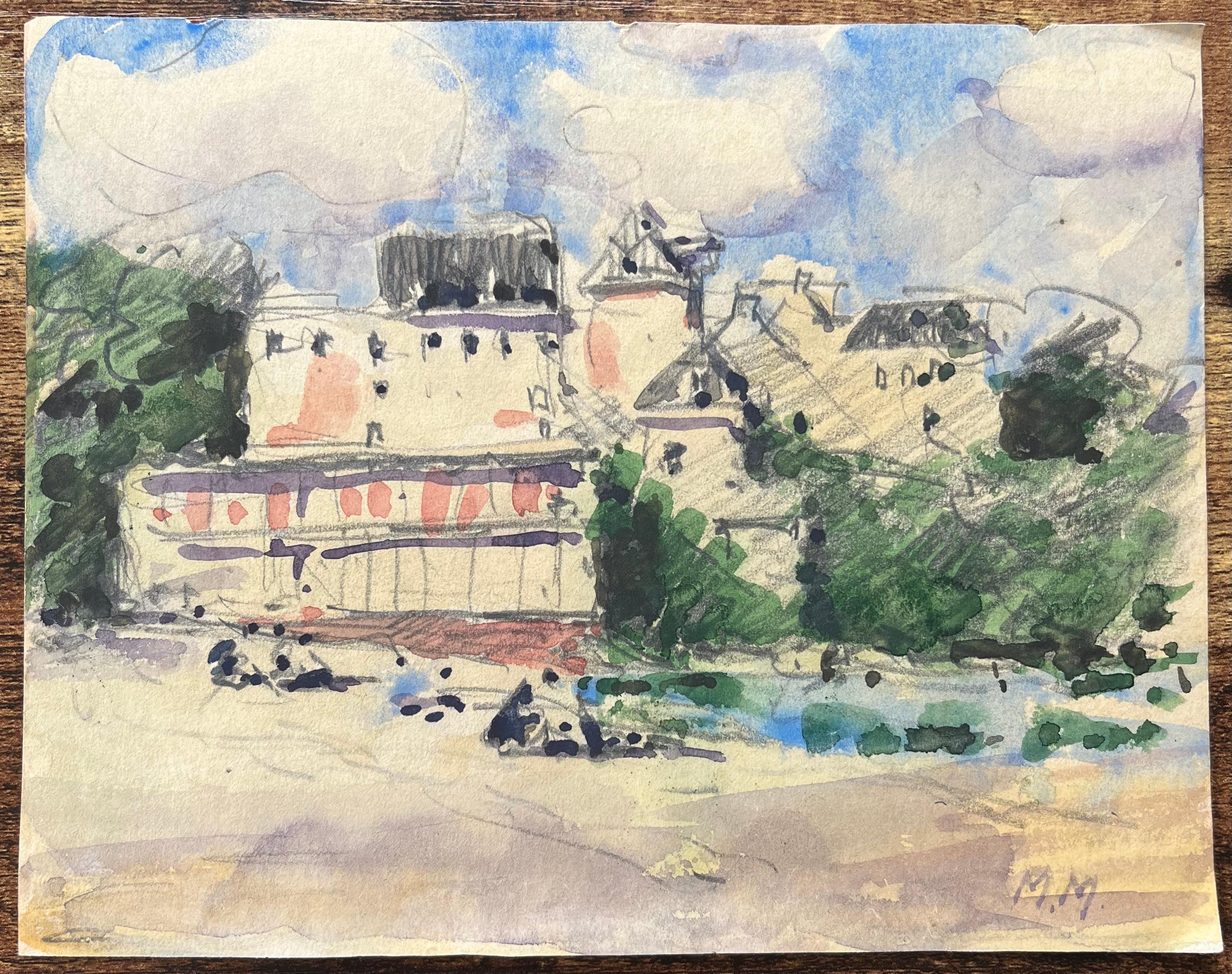 Aquarelle impressionniste française d'une scène de plage avec un bâtiment éclairé par le soleil - Art de Maurice Mazeilie