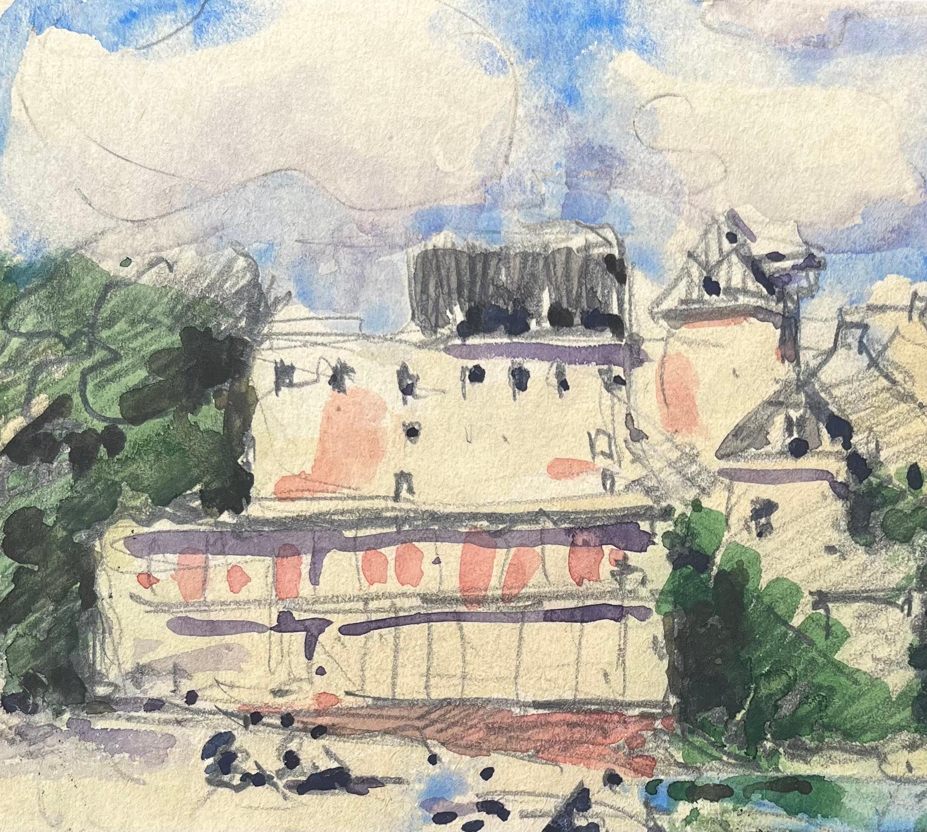 Aquarelle impressionniste française d'une scène de plage avec un bâtiment éclairé par le soleil - Impressionnisme Art par Maurice Mazeilie