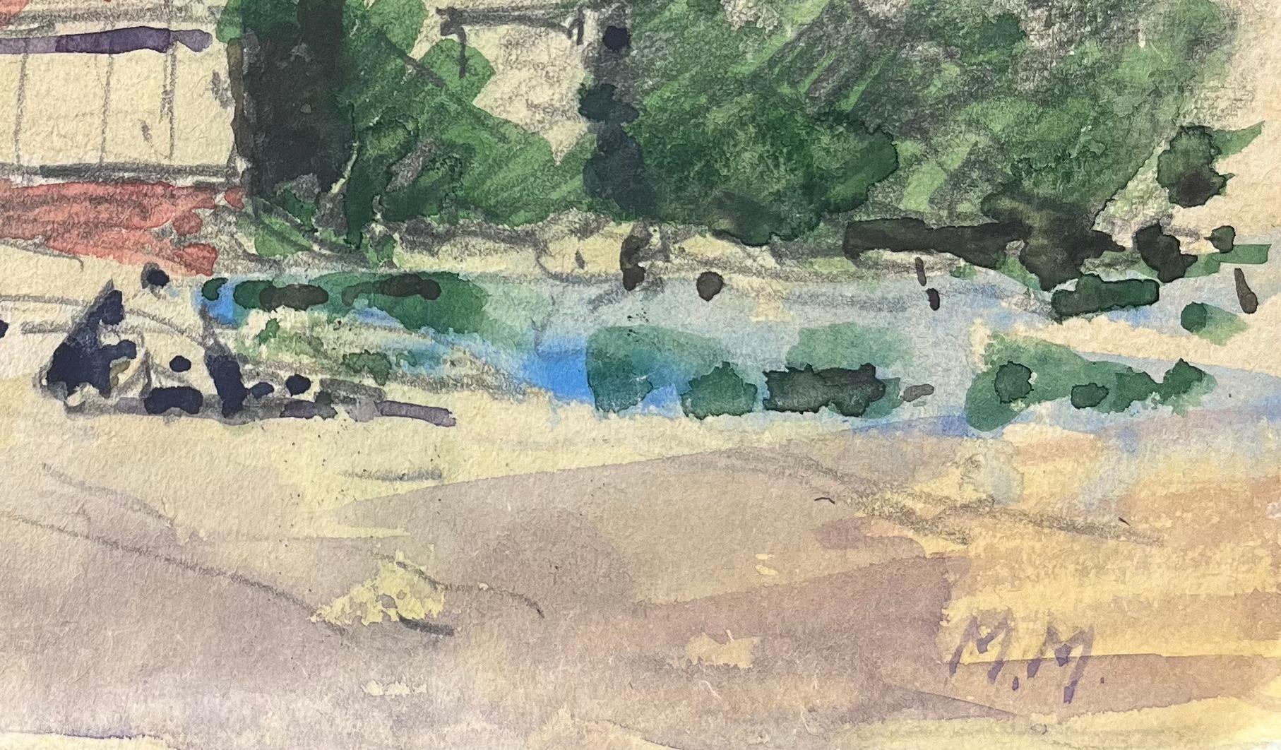 Aquarelle impressionniste française d'une scène de plage avec un bâtiment éclairé par le soleil en vente 1