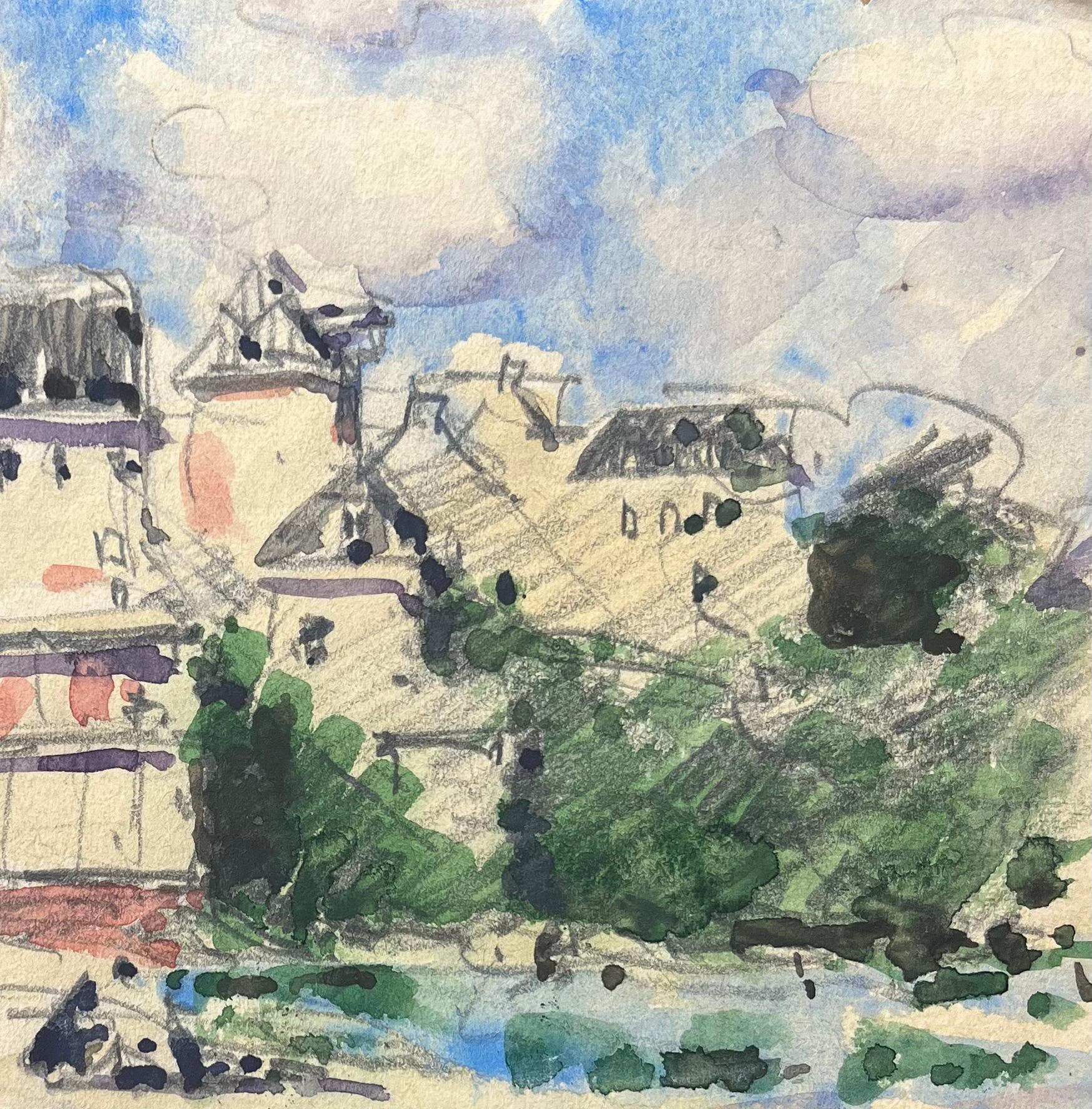 Aquarelle impressionniste française d'une scène de plage avec un bâtiment éclairé par le soleil - Beige Landscape Art par Maurice Mazeilie