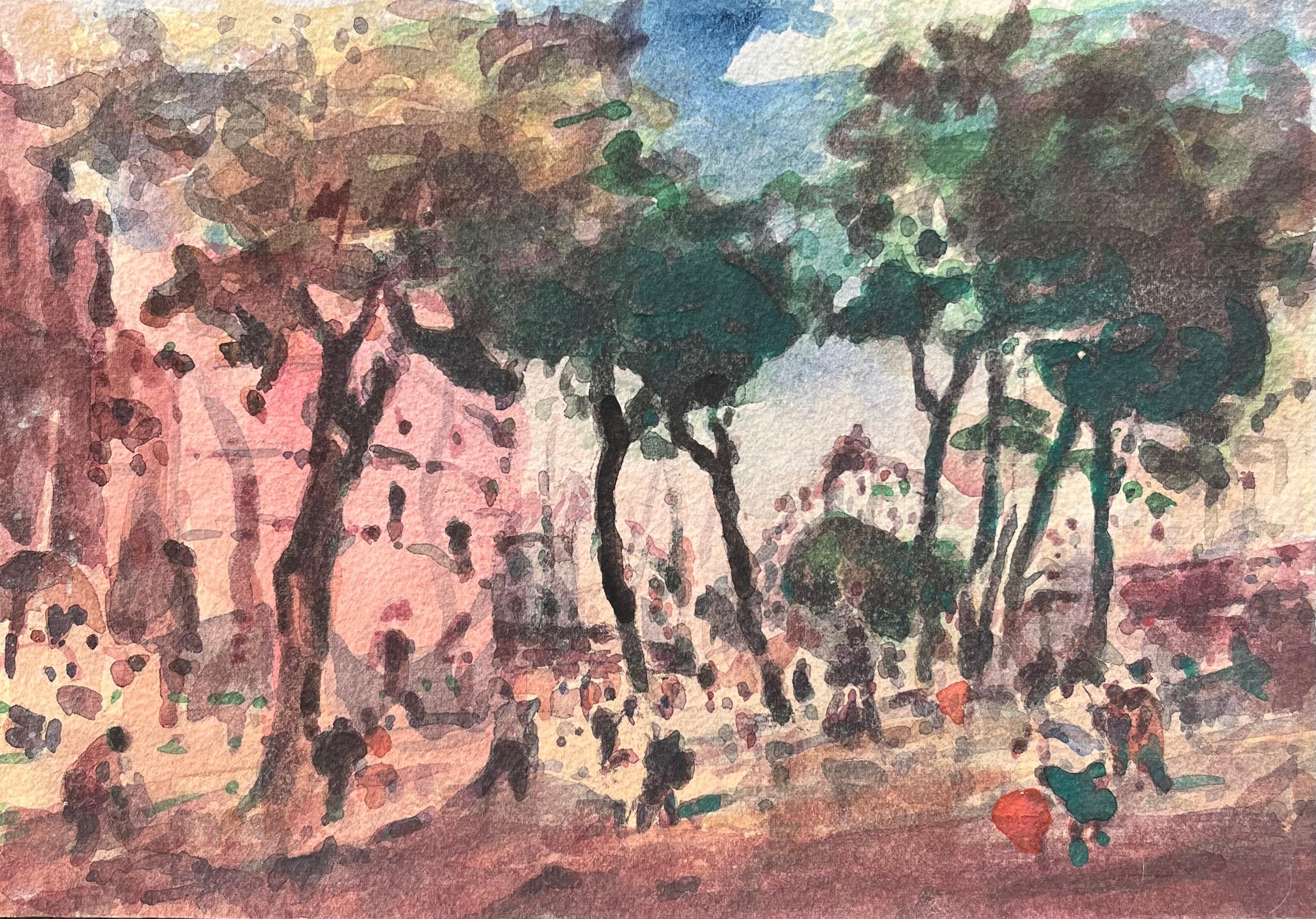 French Impressionist Watercolor of a Tree-Lined Street in a Bustling City