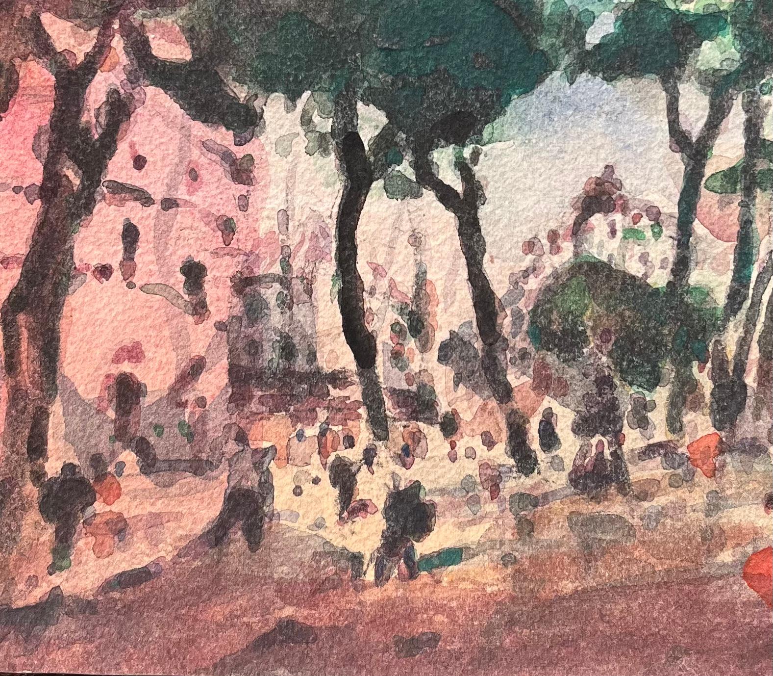 Acquerello impressionista francese di una strada alberata in una città vivace - Landscape Art Marrone di Maurice Mazeilie