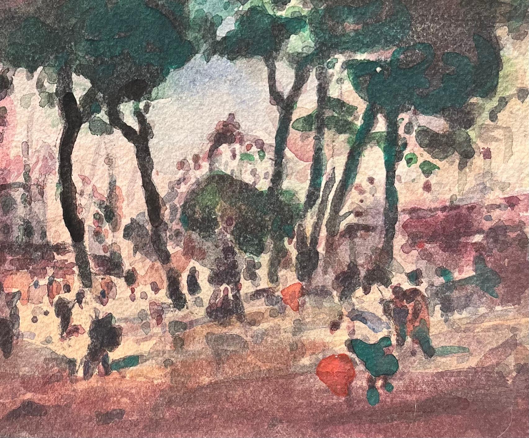 Acquerello impressionista francese di una strada alberata in una città vivace - Art Impressionismo di Maurice Mazeilie