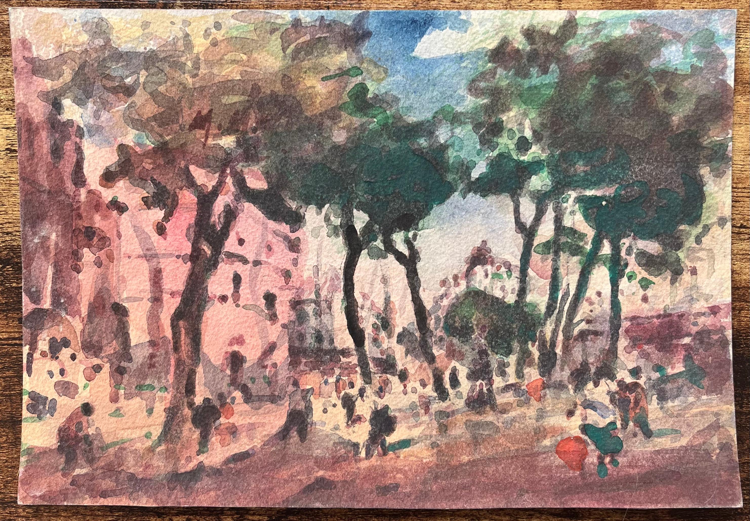 Acquerello impressionista francese di una strada alberata in una città vivace - Art di Maurice Mazeilie