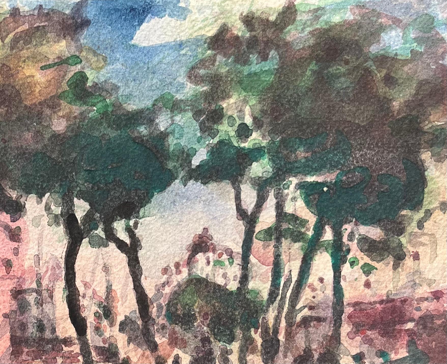 Acquerello impressionista francese di una strada alberata in una città vivace in vendita 1