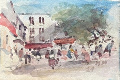 French Impressionist Watercolor of a Lively Street Scene with Figures