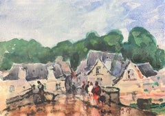 Aquarelle impressionniste française d'une scène de village avec des personnages et des arbres