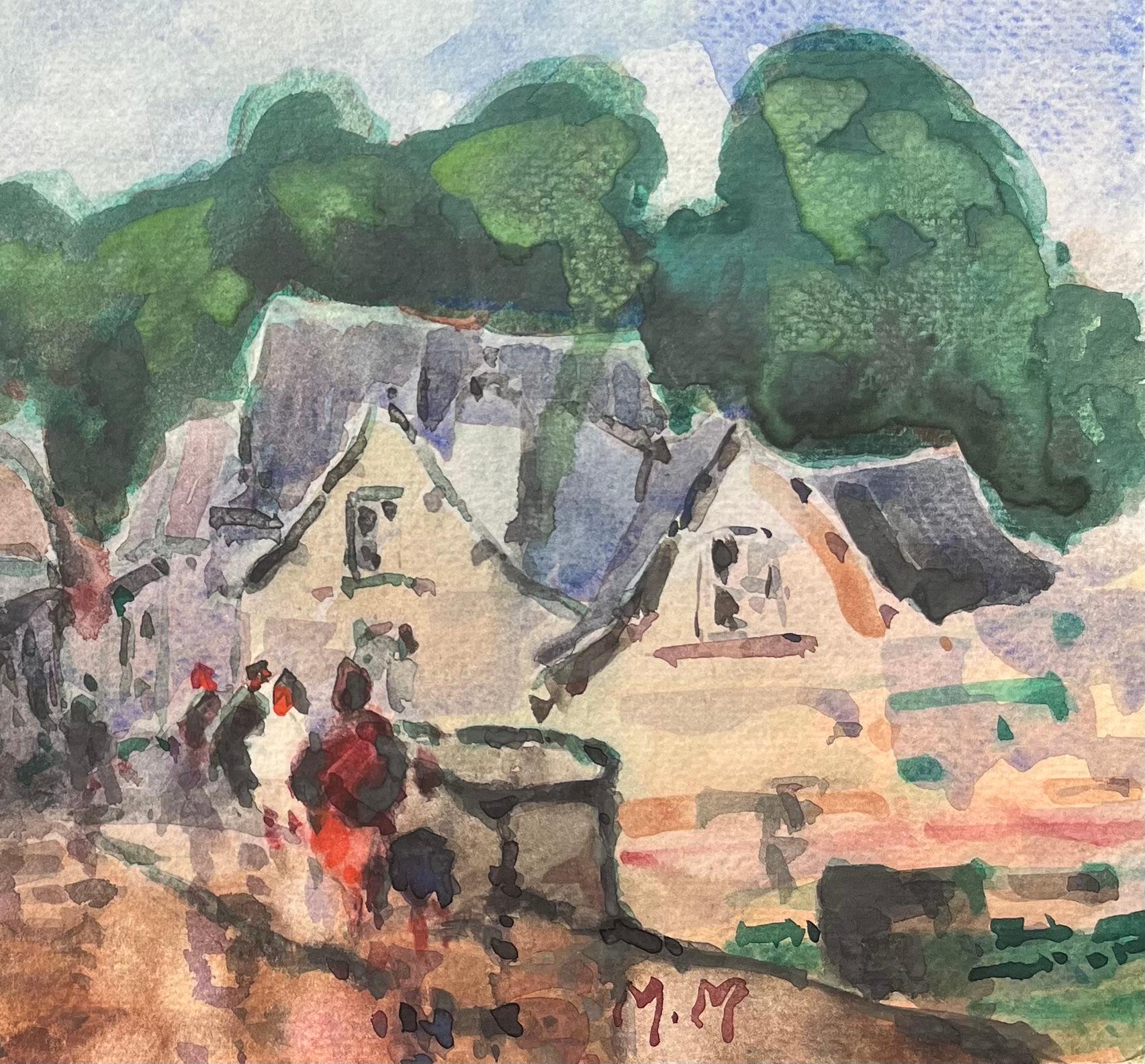 Titolo: Acquerello impressionista francese di una scena di villaggio con figure e alberi
Di Maurice Mazeilie (francese 1924-2021)
Medium: Acquerello su carta, senza cornice
Dimensioni: 8,25 x 11,75 pollici (altezza x larghezza)
Firmato: Iniziali in