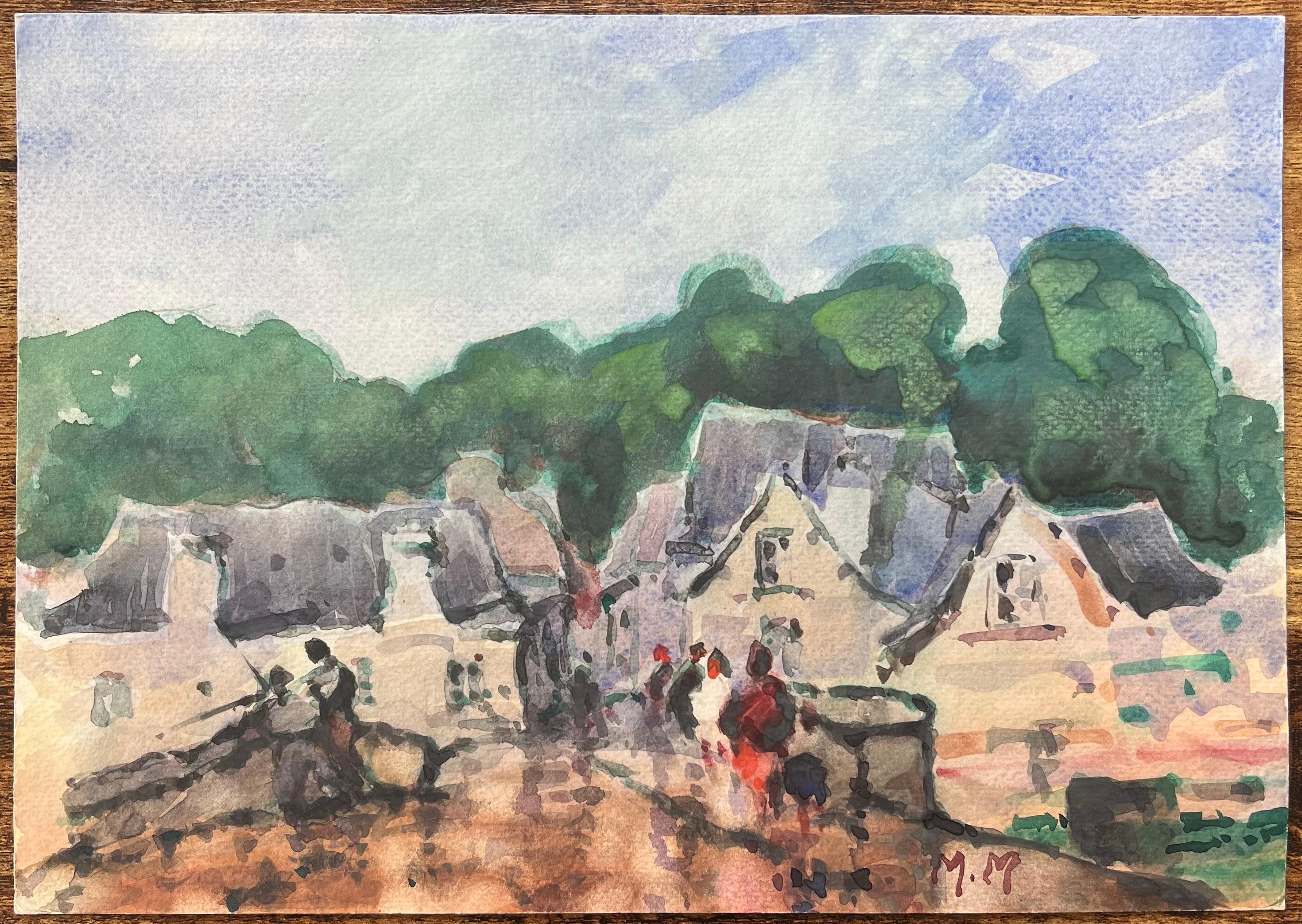 Acquerello impressionista francese di una scena di villaggio con figure e alberi - Art Impressionismo di Maurice Mazeilie