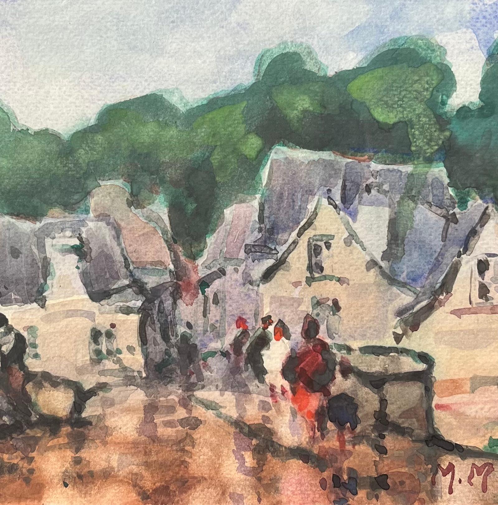 Acquerello impressionista francese di una scena di villaggio con figure e alberi in vendita 1