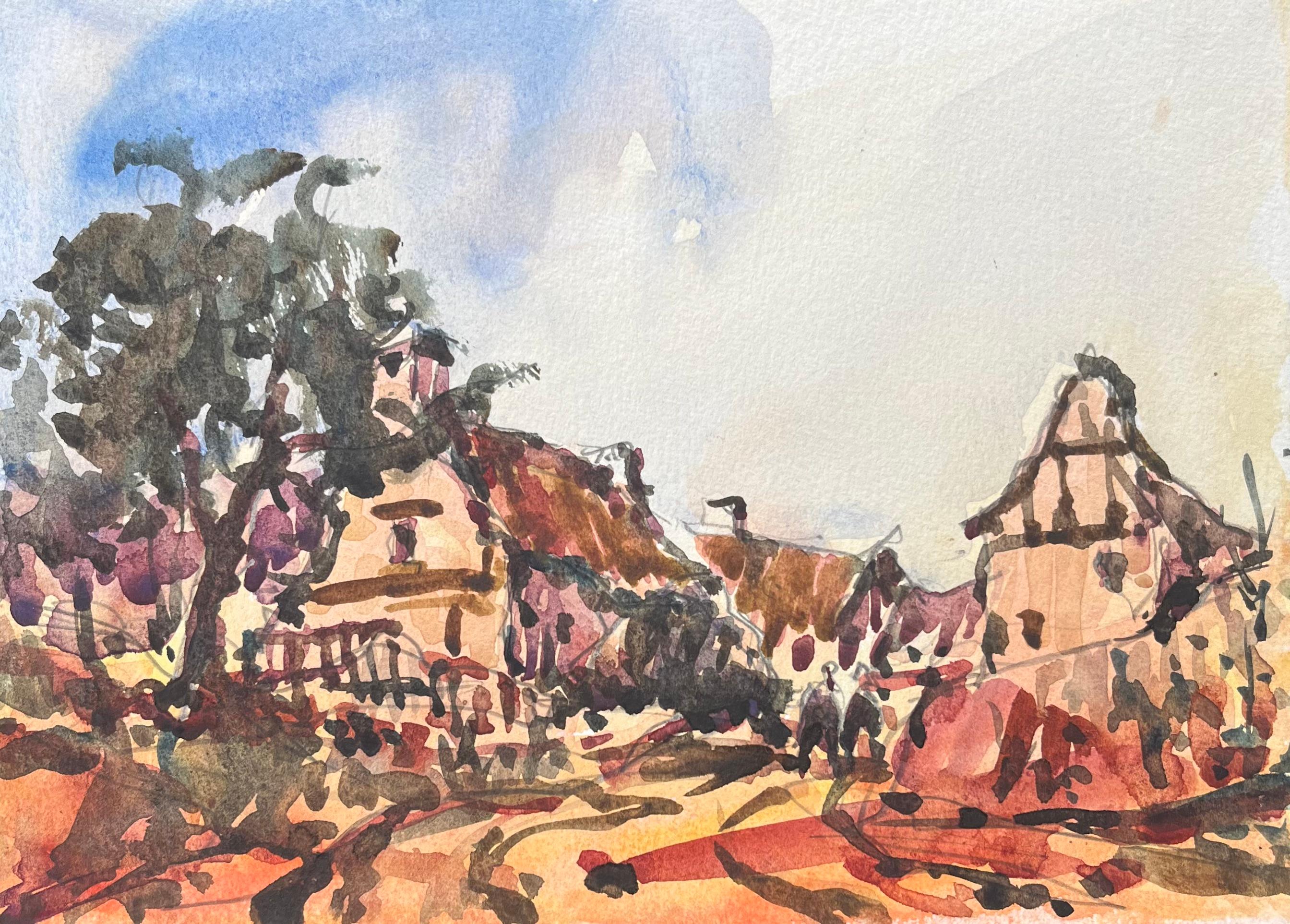 Acquerello impressionista francese raffigurante una colorata scena di un villaggio caratteristico