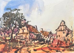 French Impressionist Watercolor of a Colourful Quaint Village Scene