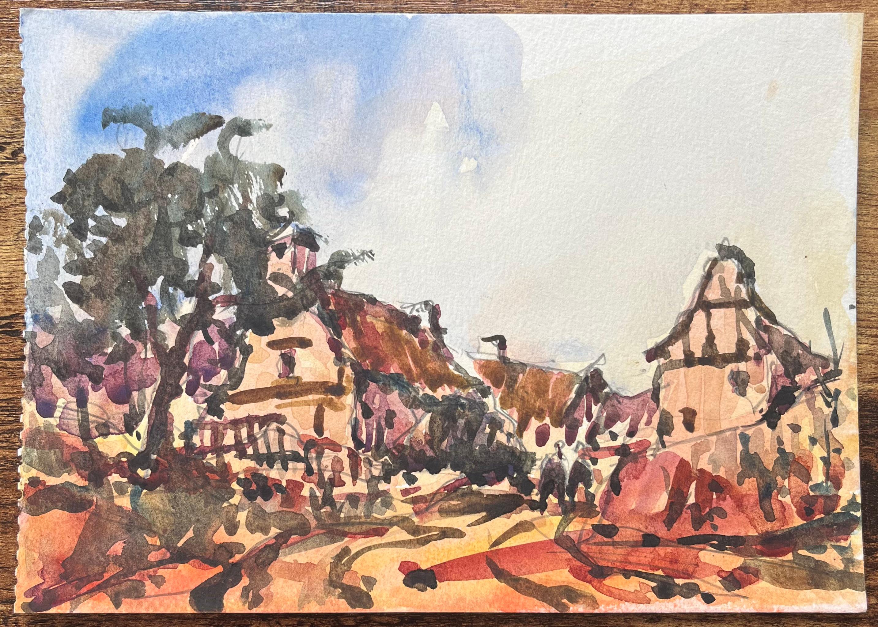 Acquerello impressionista francese raffigurante una colorata scena di un villaggio caratteristico - Art di Maurice Mazeilie