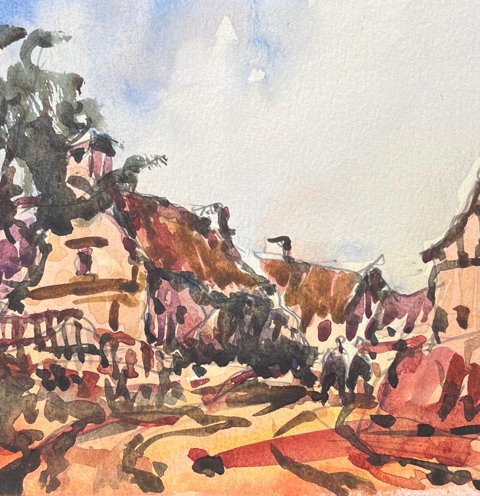 Acquerello impressionista francese raffigurante una colorata scena di un villaggio caratteristico - Landscape Art Beige di Maurice Mazeilie