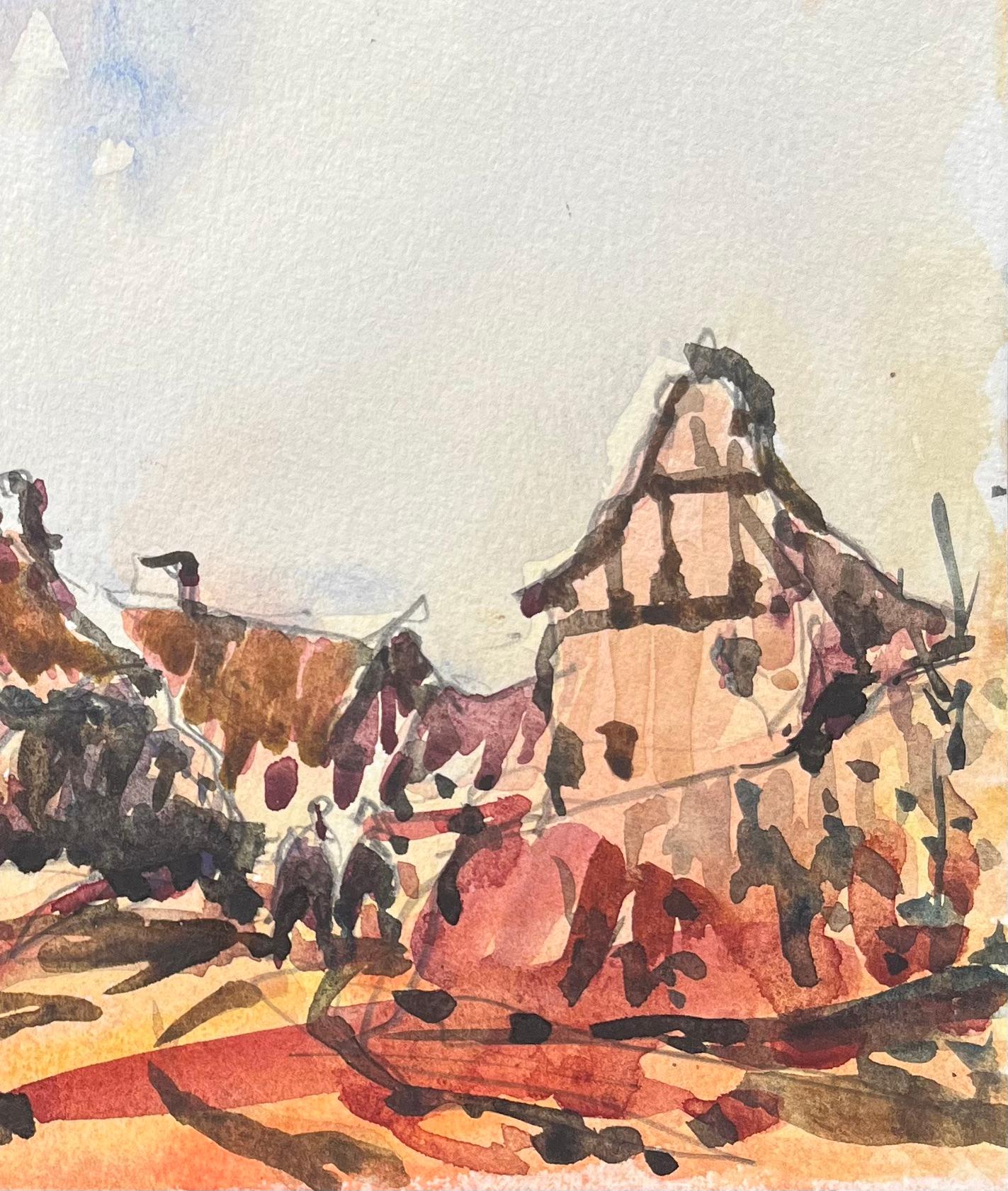 Acquerello impressionista francese raffigurante una colorata scena di un villaggio caratteristico - Art Impressionismo di Maurice Mazeilie