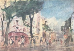 Acquerello impressionista francese di una scena di strada con alberi ed edifici