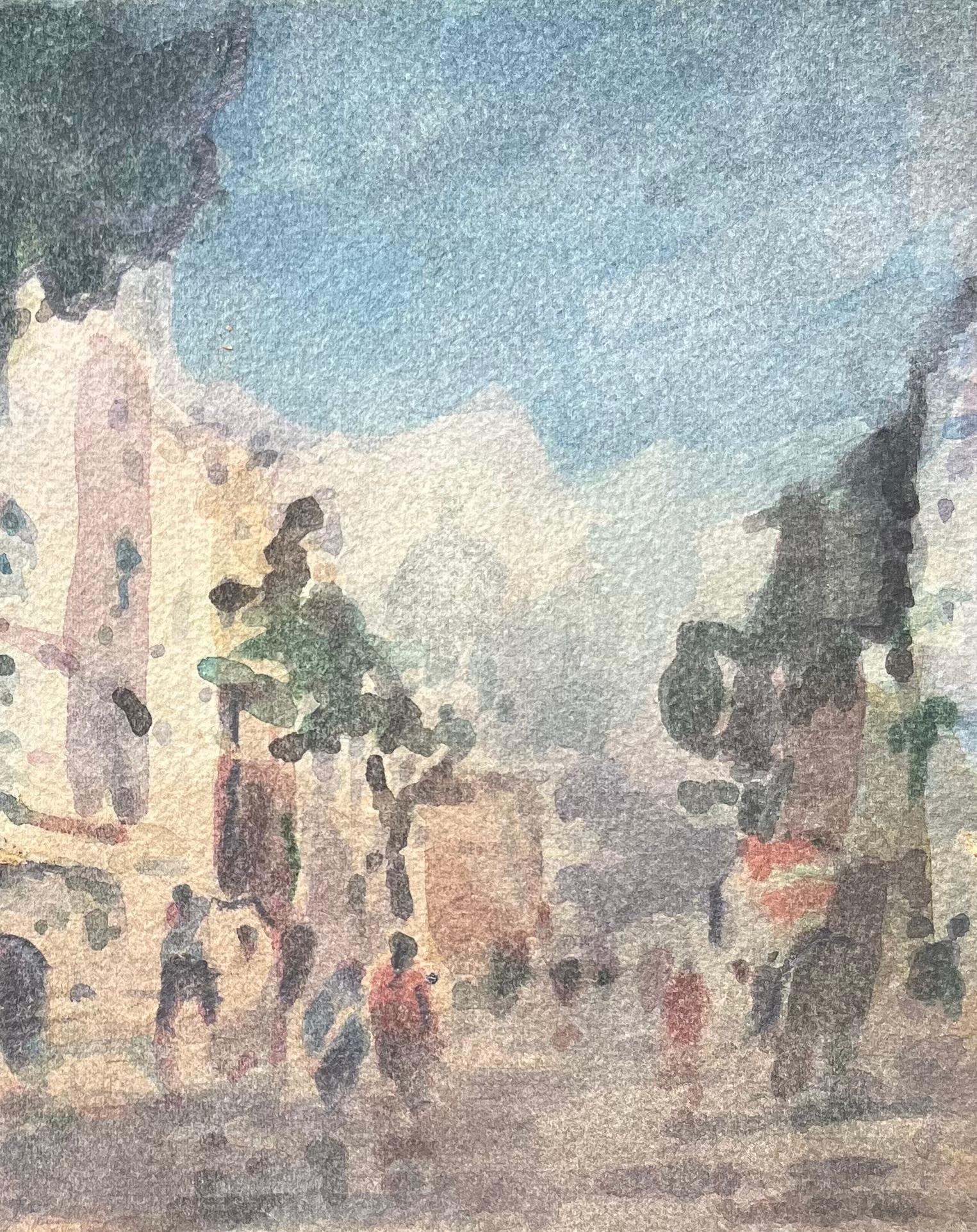Acquerello impressionista francese di una scena di strada con alberi ed edifici - Art Impressionismo di Maurice Mazeilie