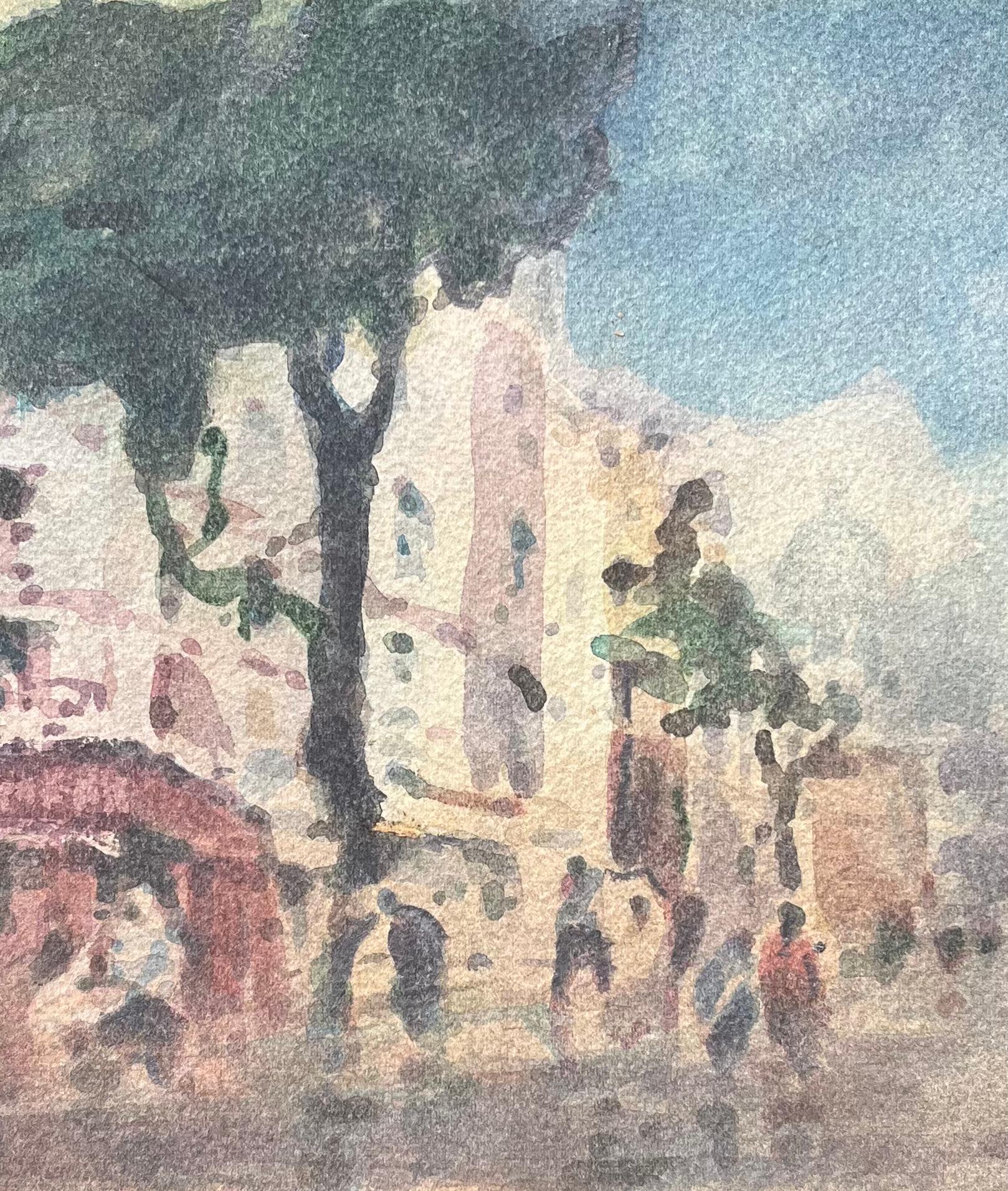 Acquerello impressionista francese di una scena di strada con alberi ed edifici - Landscape Art Grigio di Maurice Mazeilie