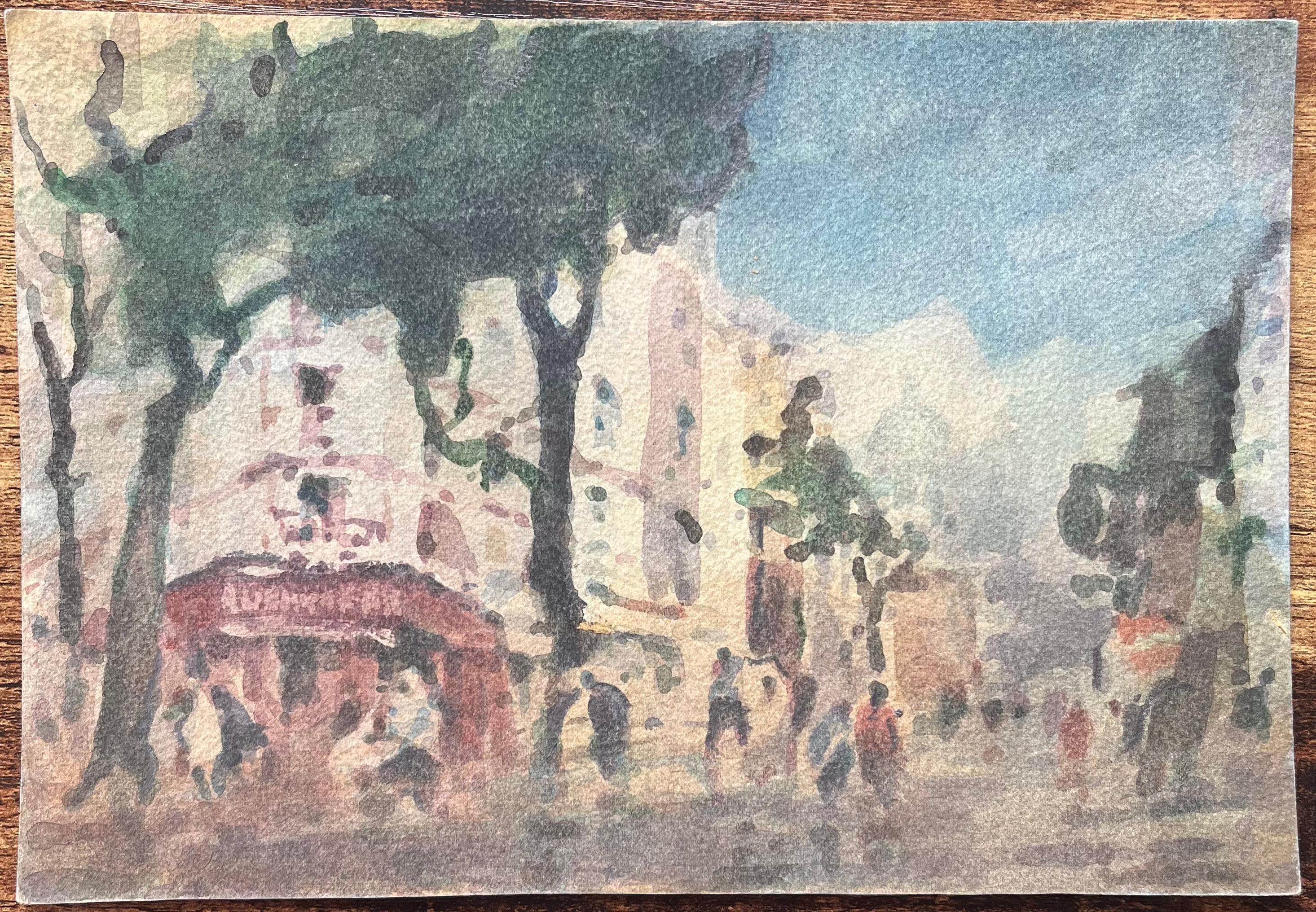 Acquerello impressionista francese di una scena di strada con alberi ed edifici - Art di Maurice Mazeilie