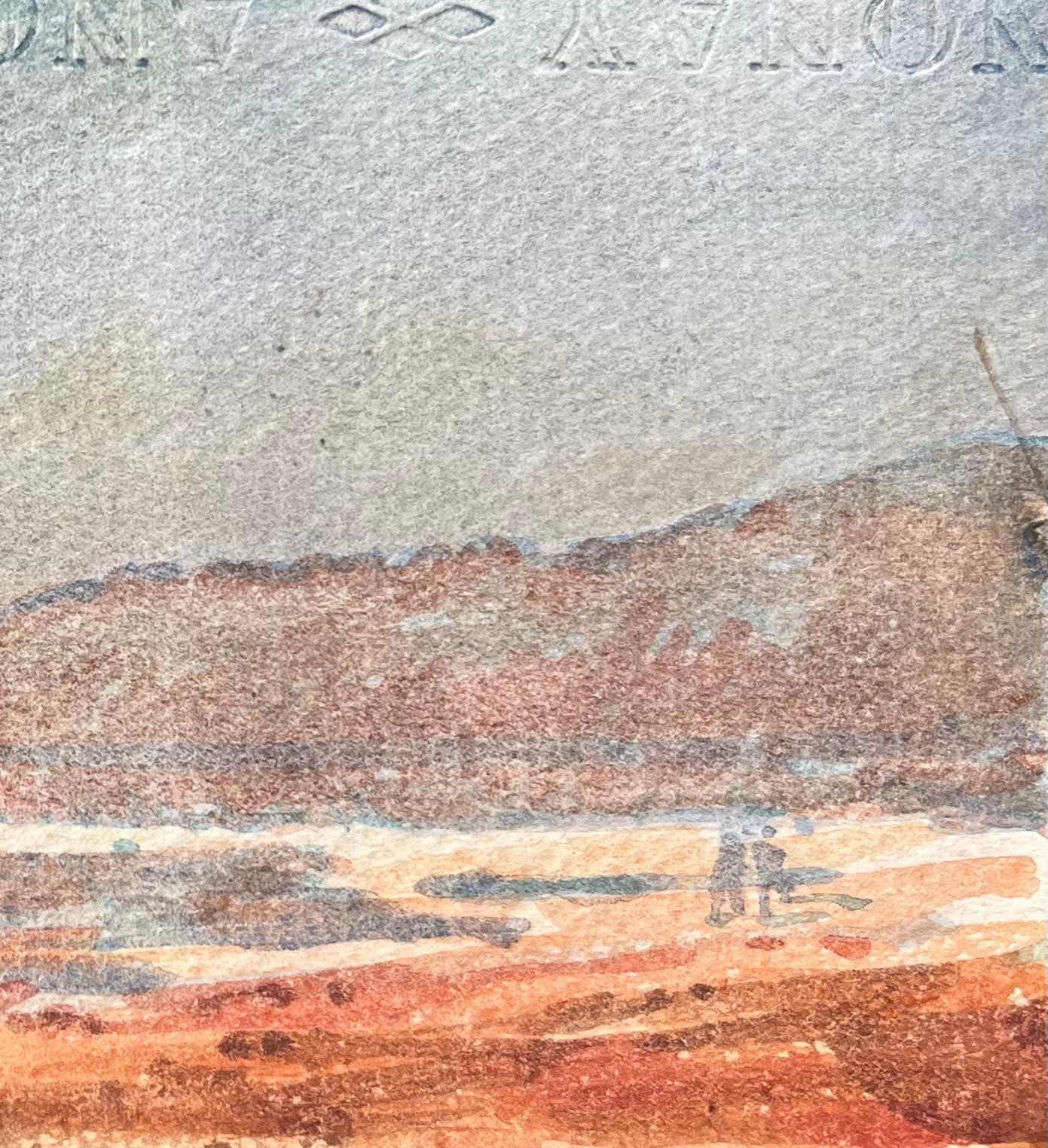 Aquarelle impressionniste française représentant un paysage avec plage et collines lointaines - Impressionnisme Art par Maurice Mazeilie