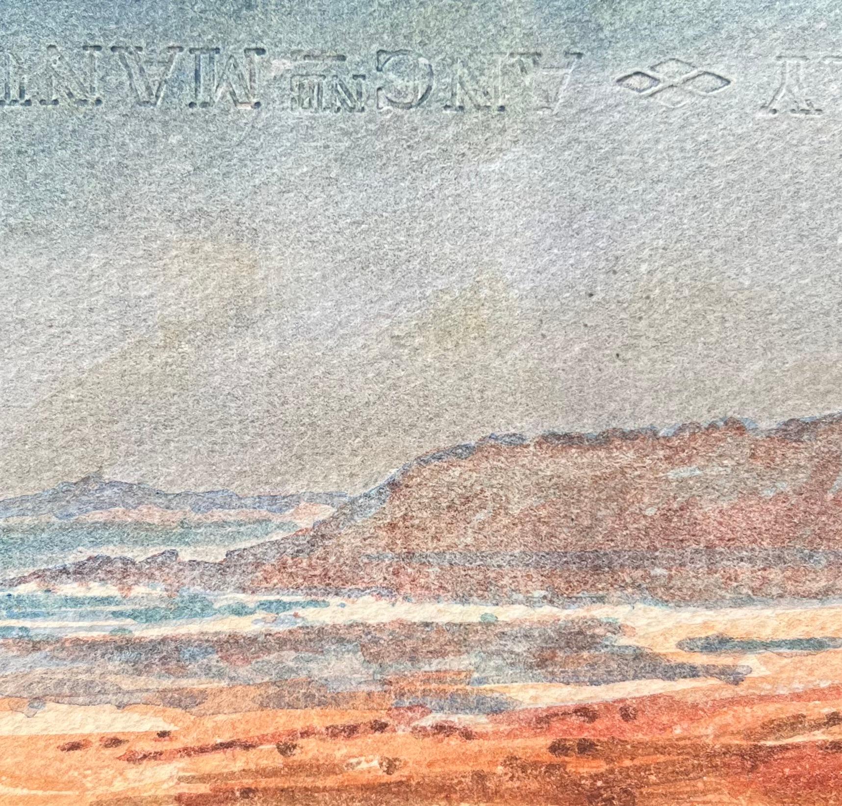 Aquarelle impressionniste française représentant un paysage avec plage et collines lointaines - Gris Landscape Art par Maurice Mazeilie