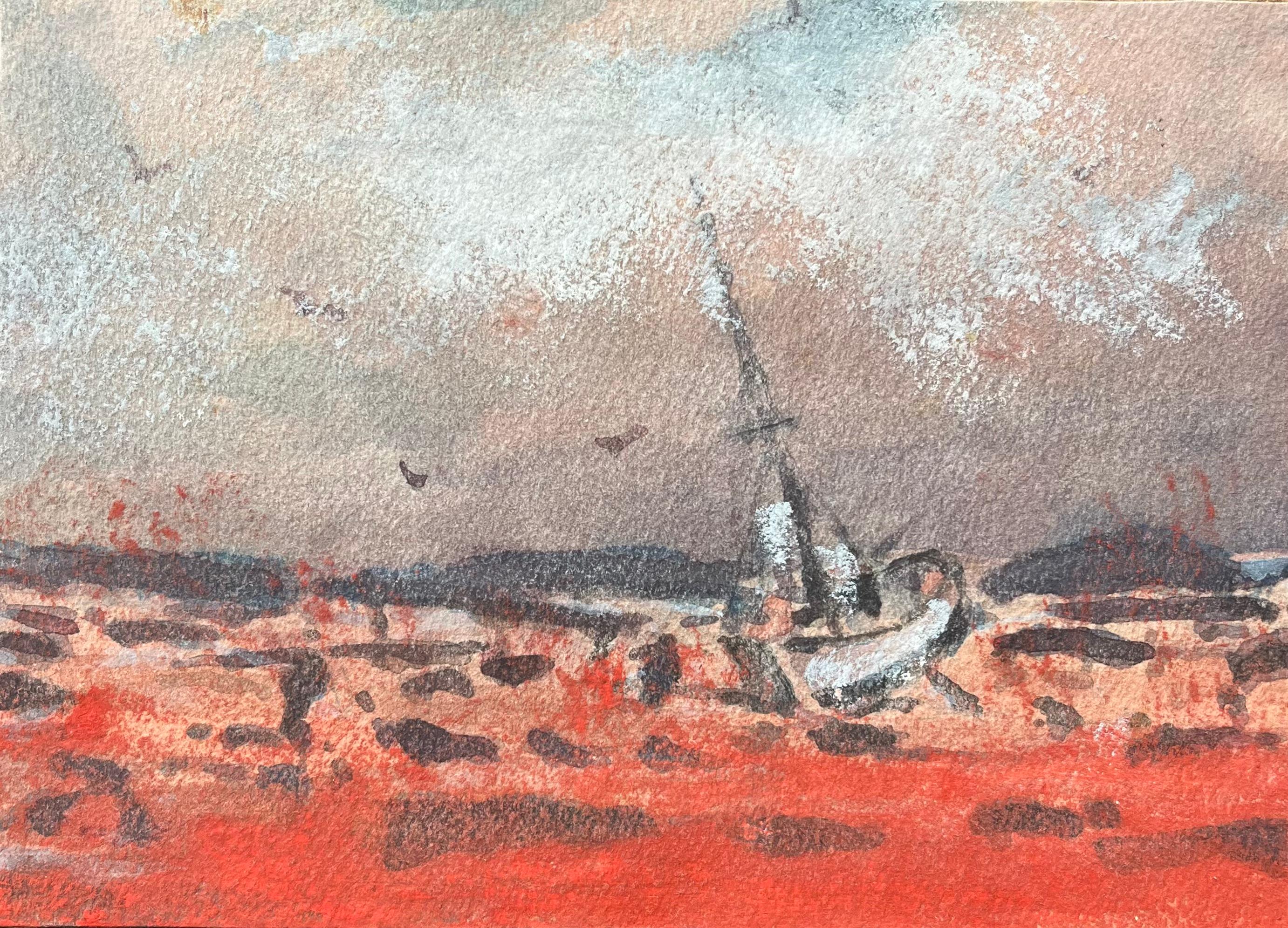 Französisches impressionistisches Aquarell der Küstenszene eines bedeckten Segelbootes