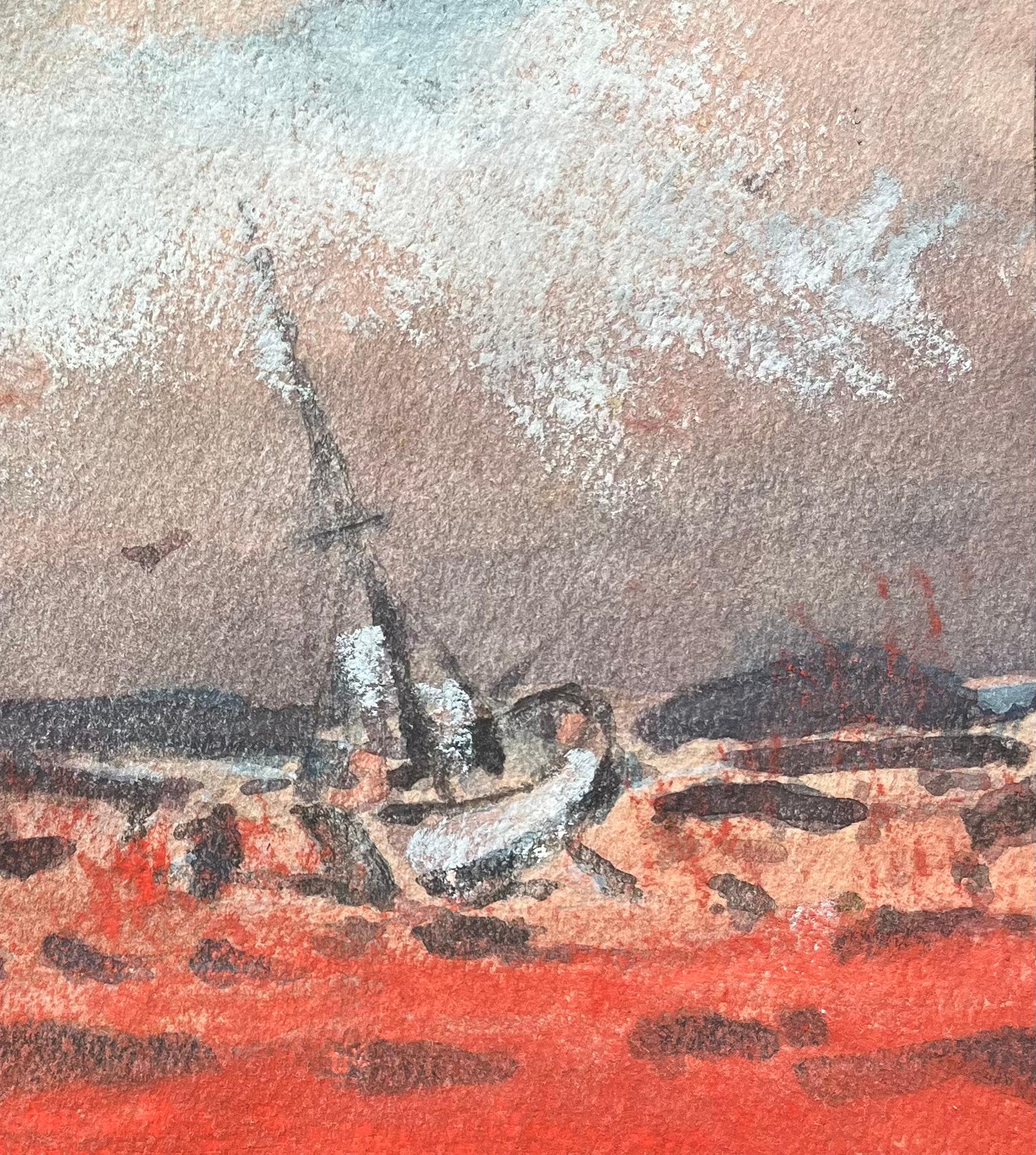 French Impressionist Watercolor of Coastal Scene of a Beached Sailboat - Beige Landscape Art by Maurice Mazeilie