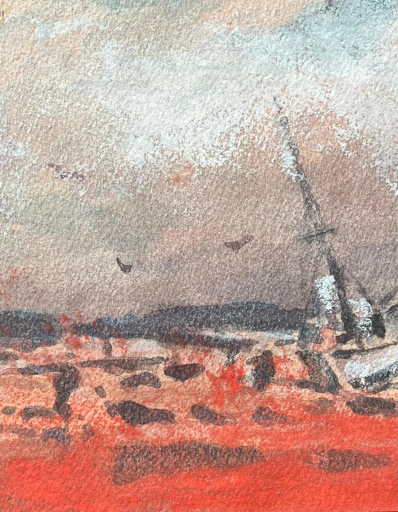 Title: French Impressionist Watercolor of Coastal Scene of a Beached Sailboat
By Maurice Mazeilie (French 1924-2021)
Medium: Watercolor and pastel on paper, unframed
Size: 5.75 x 8 inches (Height x Width)
Stamped: Verso
Condition: Good, with signs