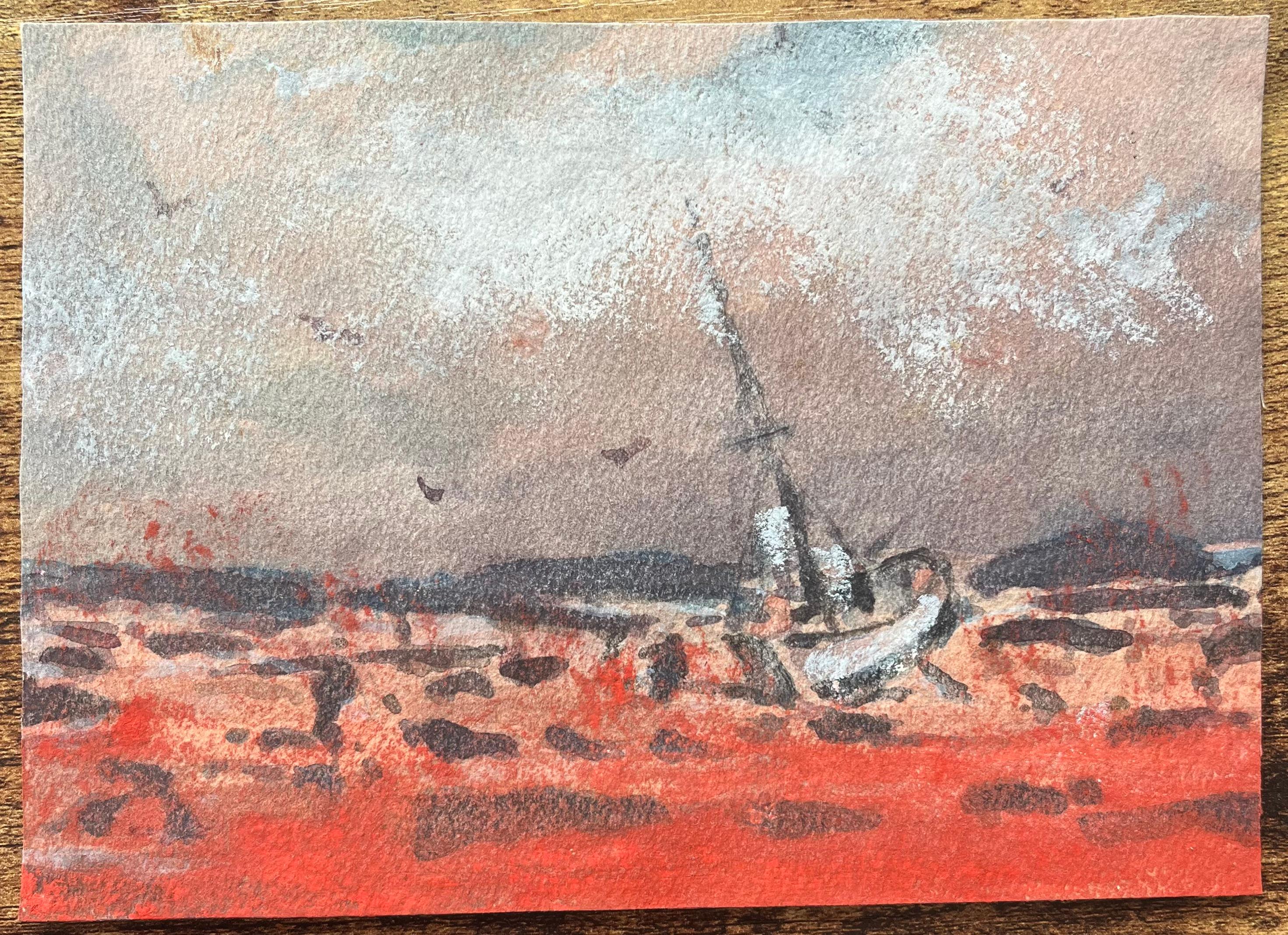French Impressionist Watercolor of Coastal Scene of a Beached Sailboat - Art by Maurice Mazeilie