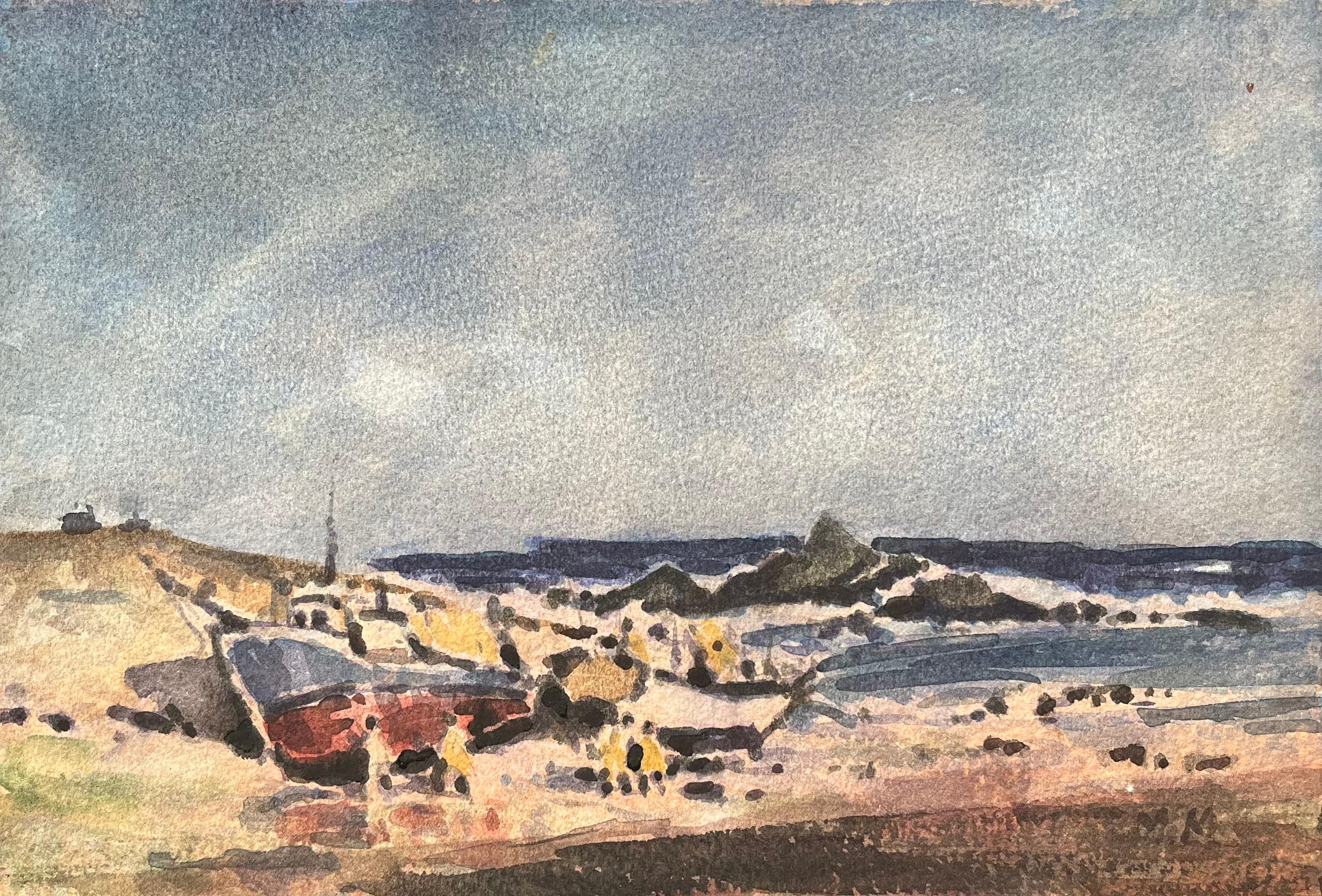 French Impressionist Watercolor of Coastal Scene with Fishing Boats and Figures - Art by Maurice Mazeilie