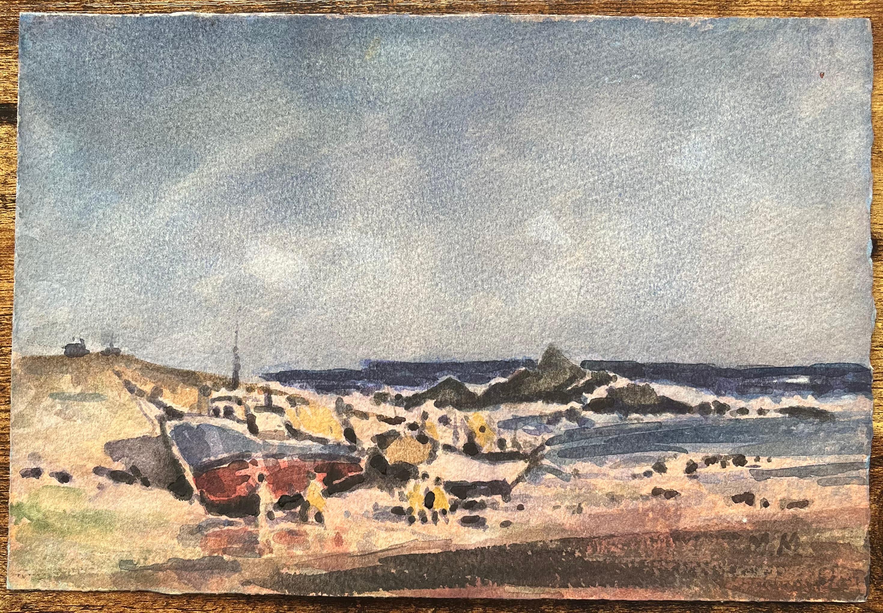 Title: French Impressionist Watercolor of Coastal Scene with Fishing Boats and Figures
By Maurice Mazeilie (French 1924-2021)
Medium: Watercolor on paper, unframed
Size: 7.5 x 11 inches (Height x Width)
Stamped: Verso
Condition: Good, with signs of