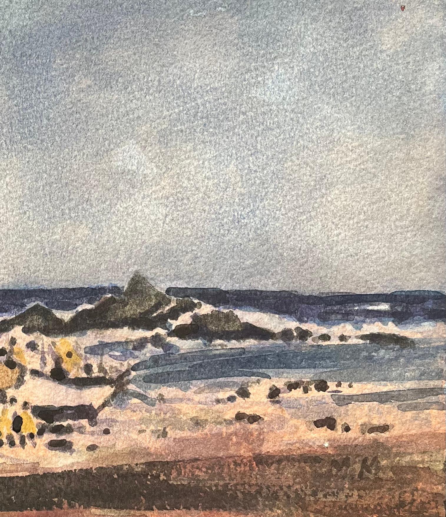 French Impressionist Watercolor of Coastal Scene with Fishing Boats and Figures For Sale 1