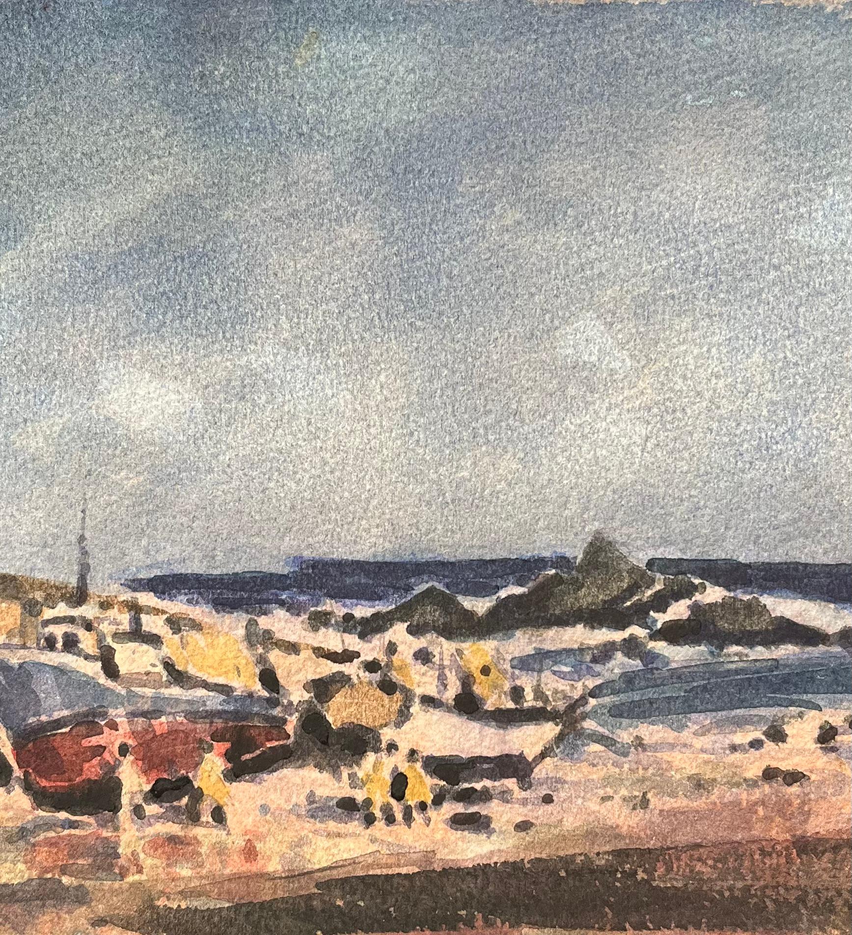 French Impressionist Watercolor of Coastal Scene with Fishing Boats and Figures For Sale 2