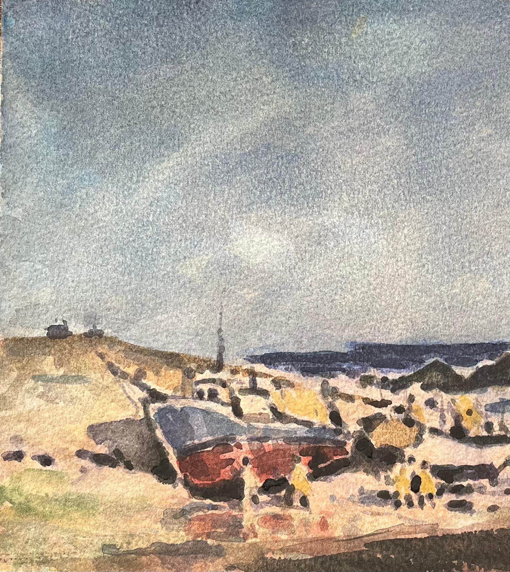 French Impressionist Watercolor of Coastal Scene with Fishing Boats and Figures For Sale 3