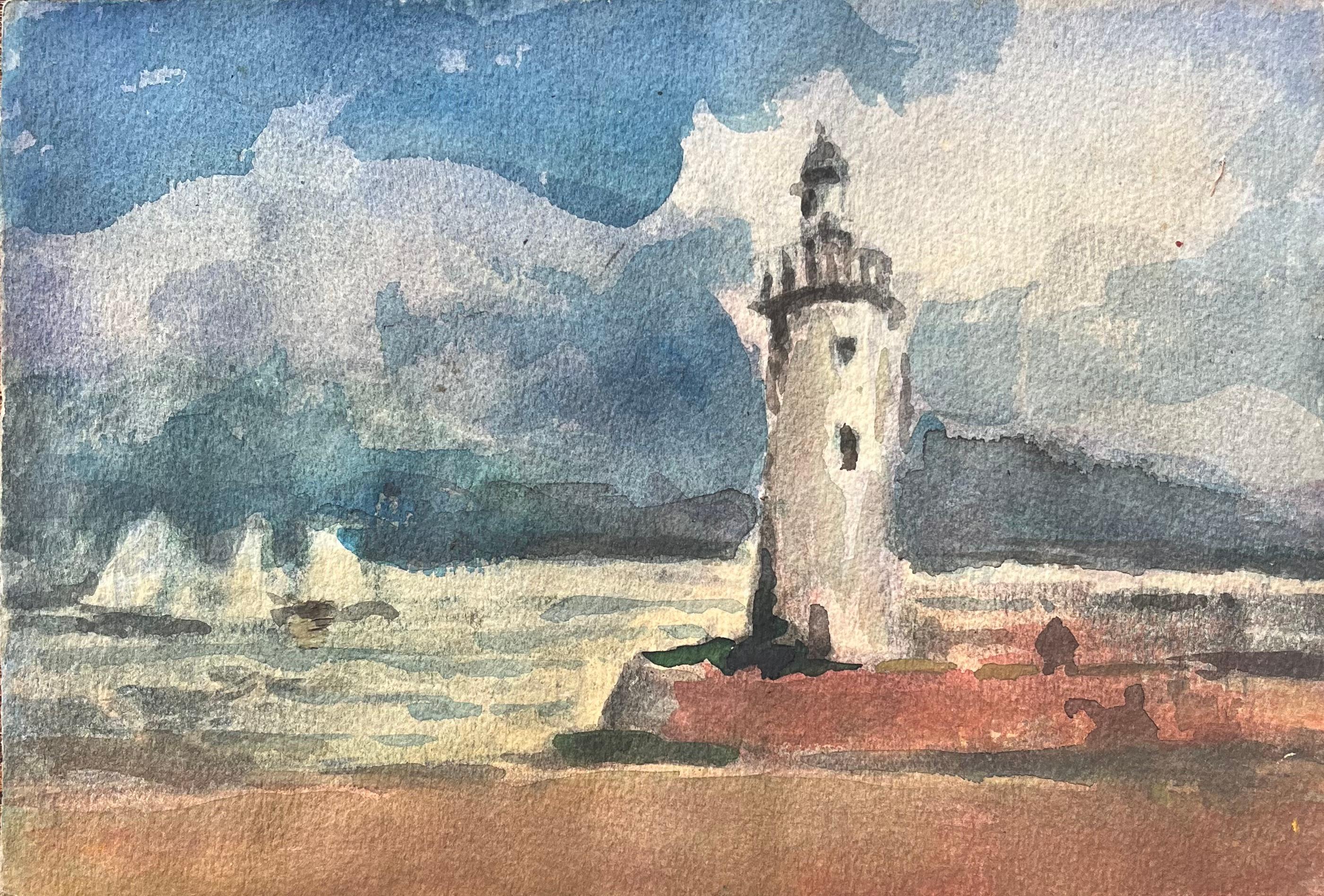 Landscape Art Maurice Mazeilie - Aquarelle impressionniste française d'une scène de phare côtier
