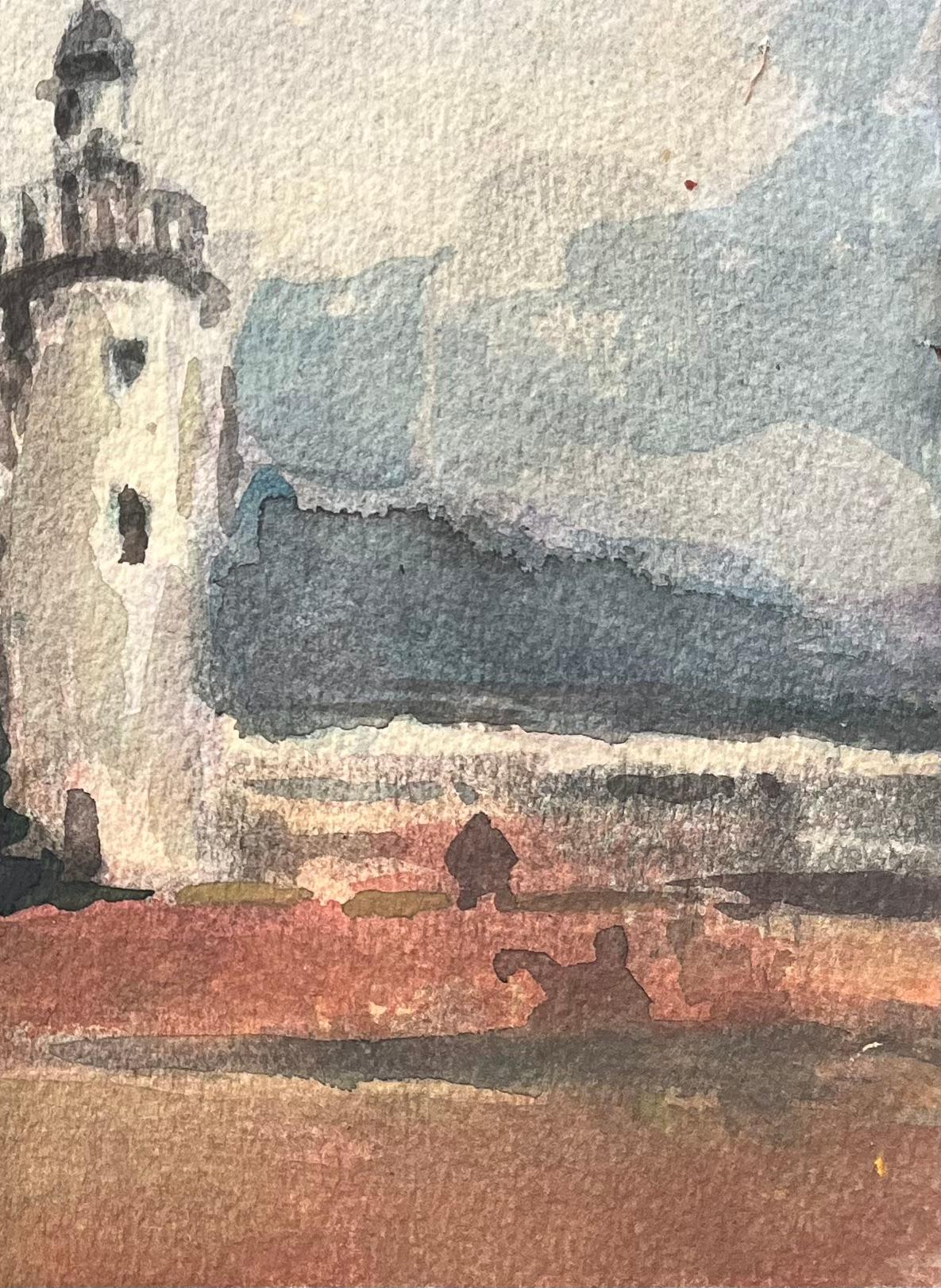 Aquarelle impressionniste française d'une scène de phare côtier - Impressionnisme Art par Maurice Mazeilie