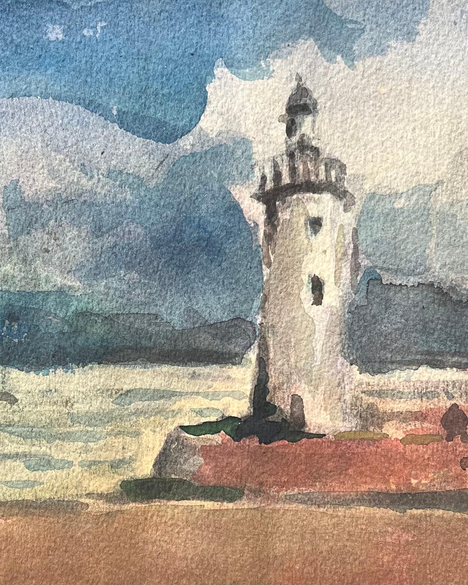 Aquarelle impressionniste française d'une scène de phare côtier - Gris Landscape Art par Maurice Mazeilie
