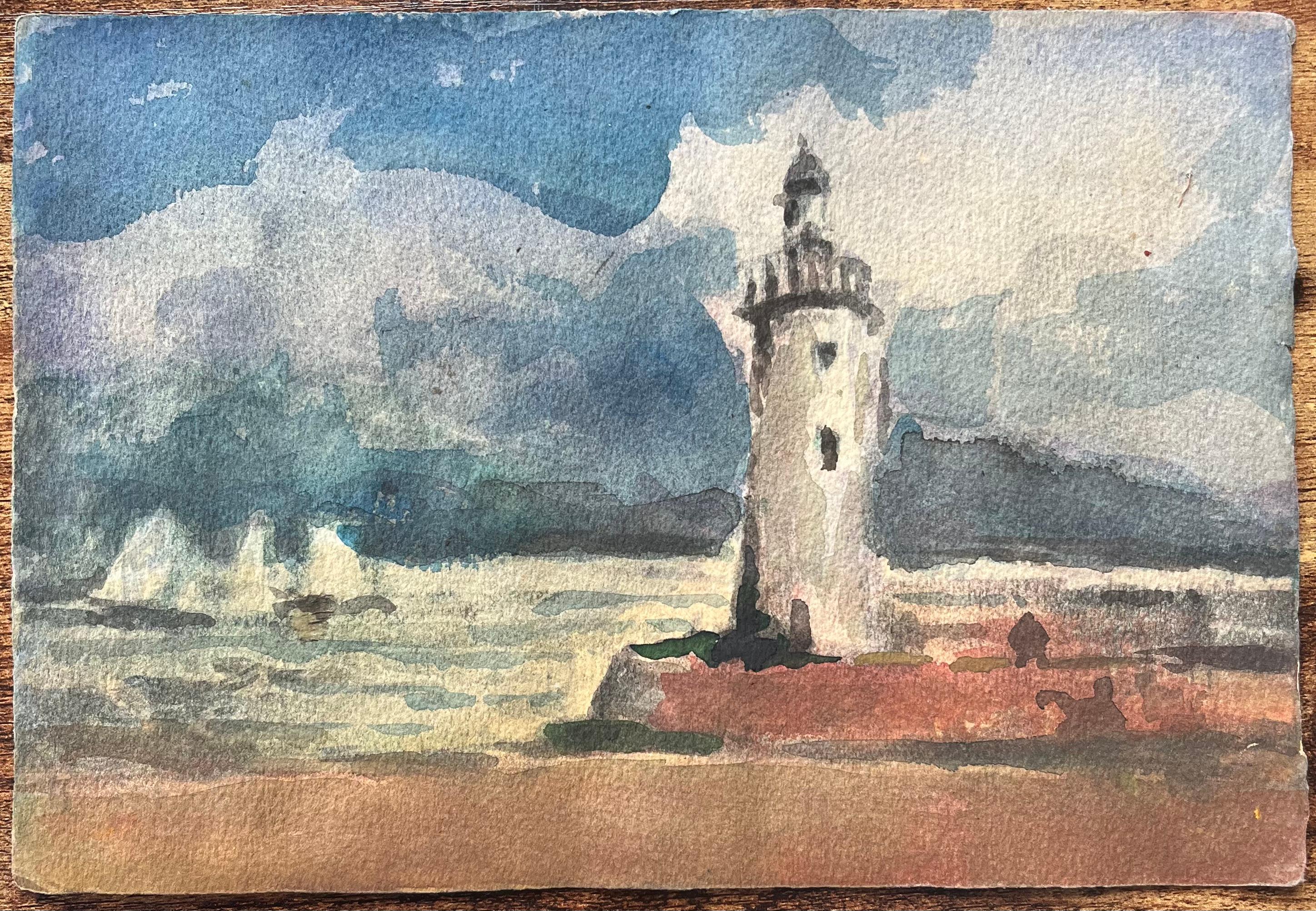 Aquarelle impressionniste française d'une scène de phare côtier - Art de Maurice Mazeilie
