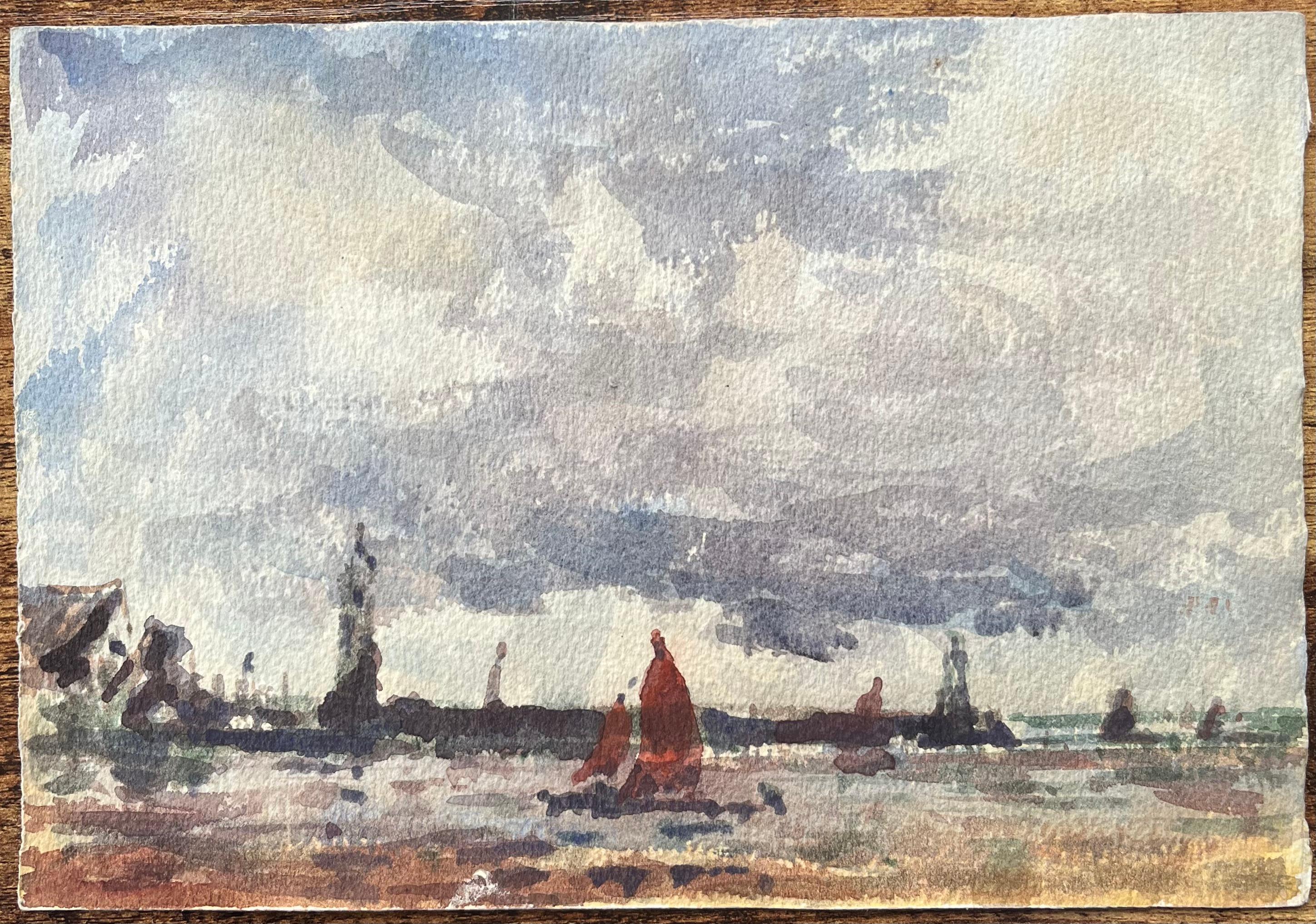 Acquerello impressionista francese con barche a vela in una baia calma - Art di Maurice Mazeilie