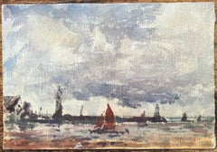 French Impressionist Watercolor of Sailboats in a Calm Bay