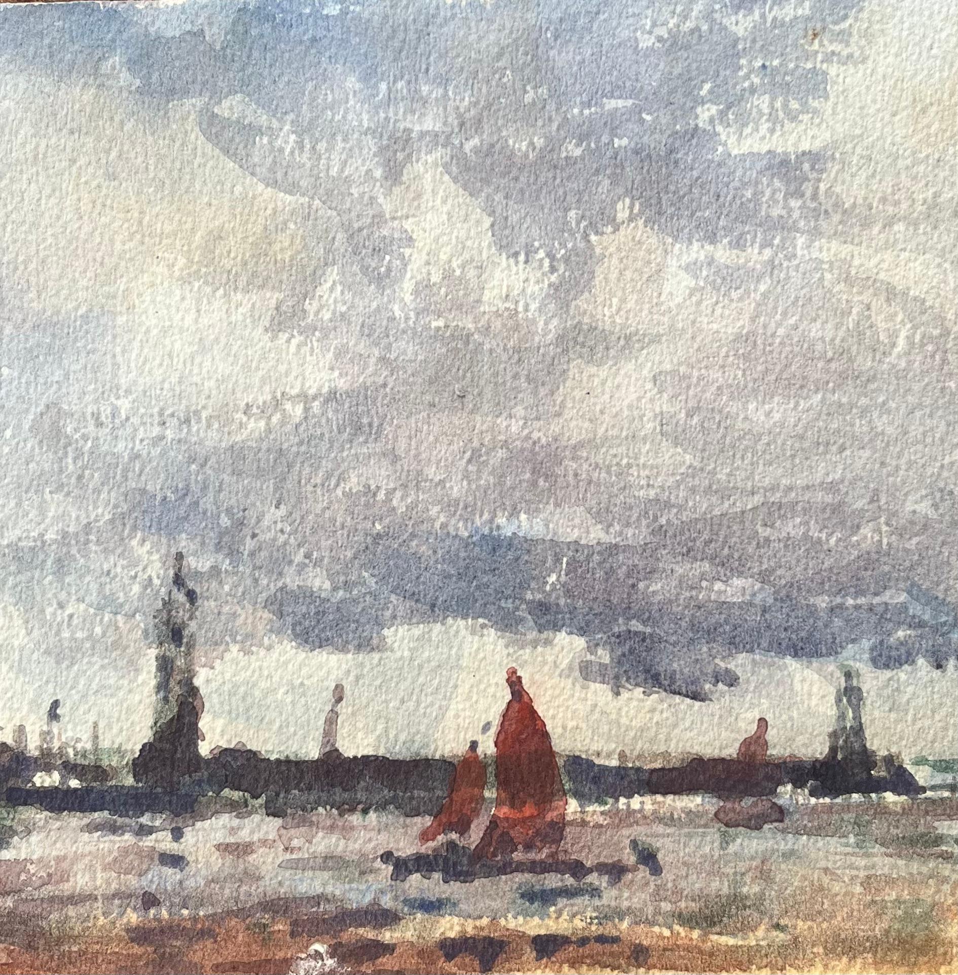 Acquerello impressionista francese con barche a vela in una baia calma - Landscape Art Grigio di Maurice Mazeilie