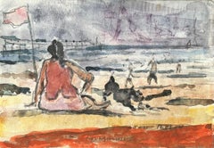 French Impressionist Watercolor of a Beach Scene with Figures and Dog
