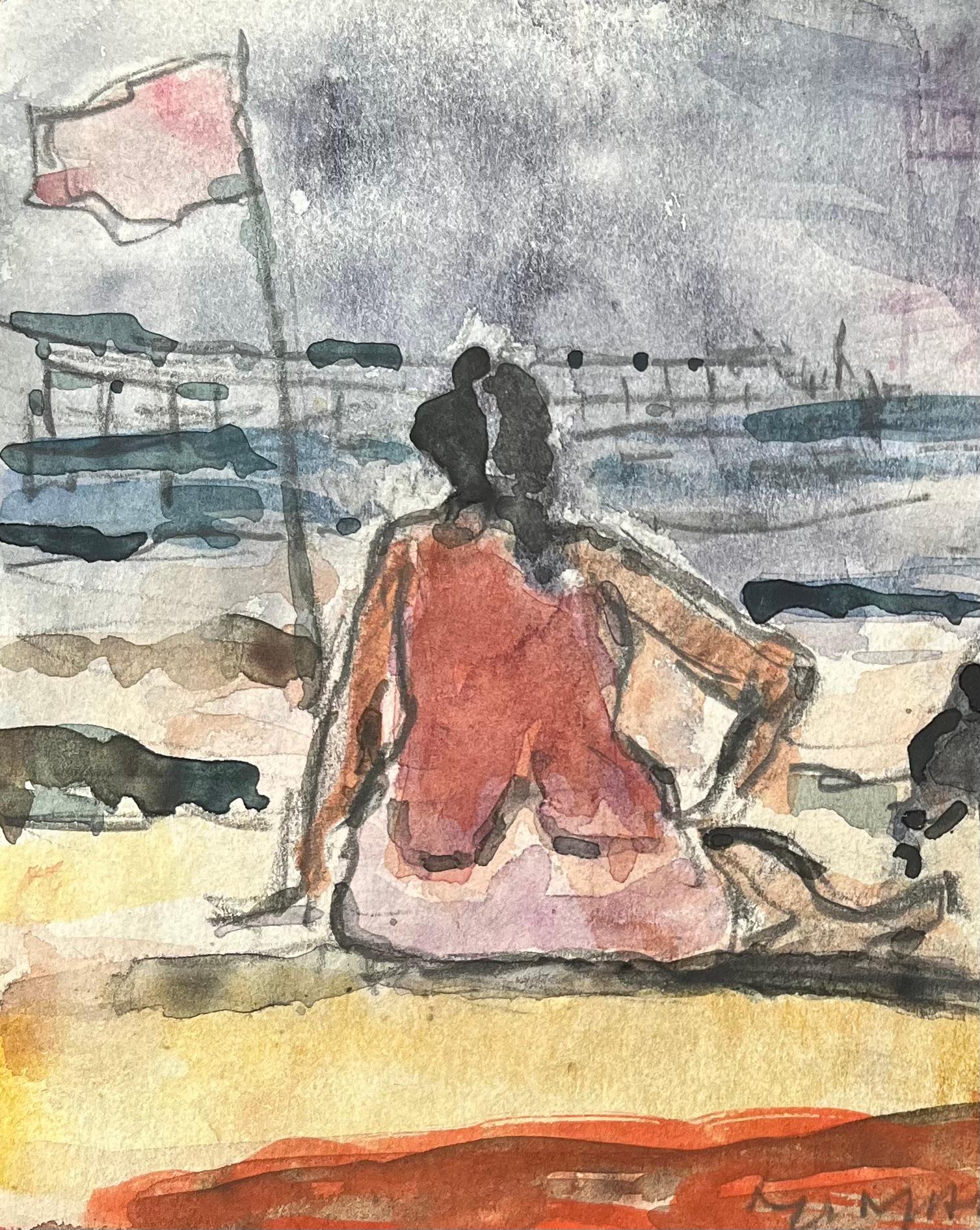 Acquerello impressionista francese di una scena di spiaggia con figure e cane - Art Impressionismo di Maurice Mazeilie