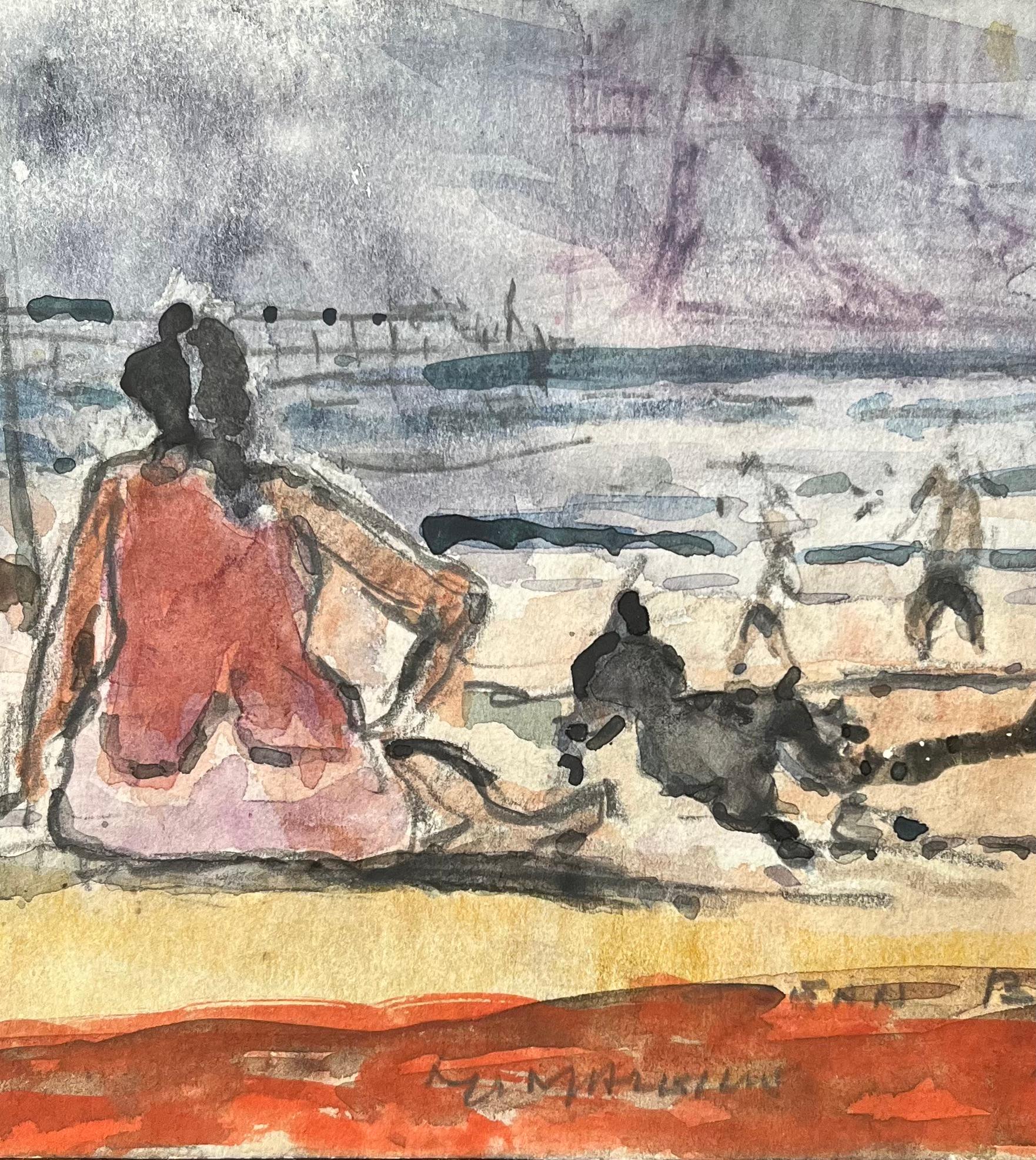 Acquerello impressionista francese di una scena di spiaggia con figure e cane - Landscape Art Beige di Maurice Mazeilie