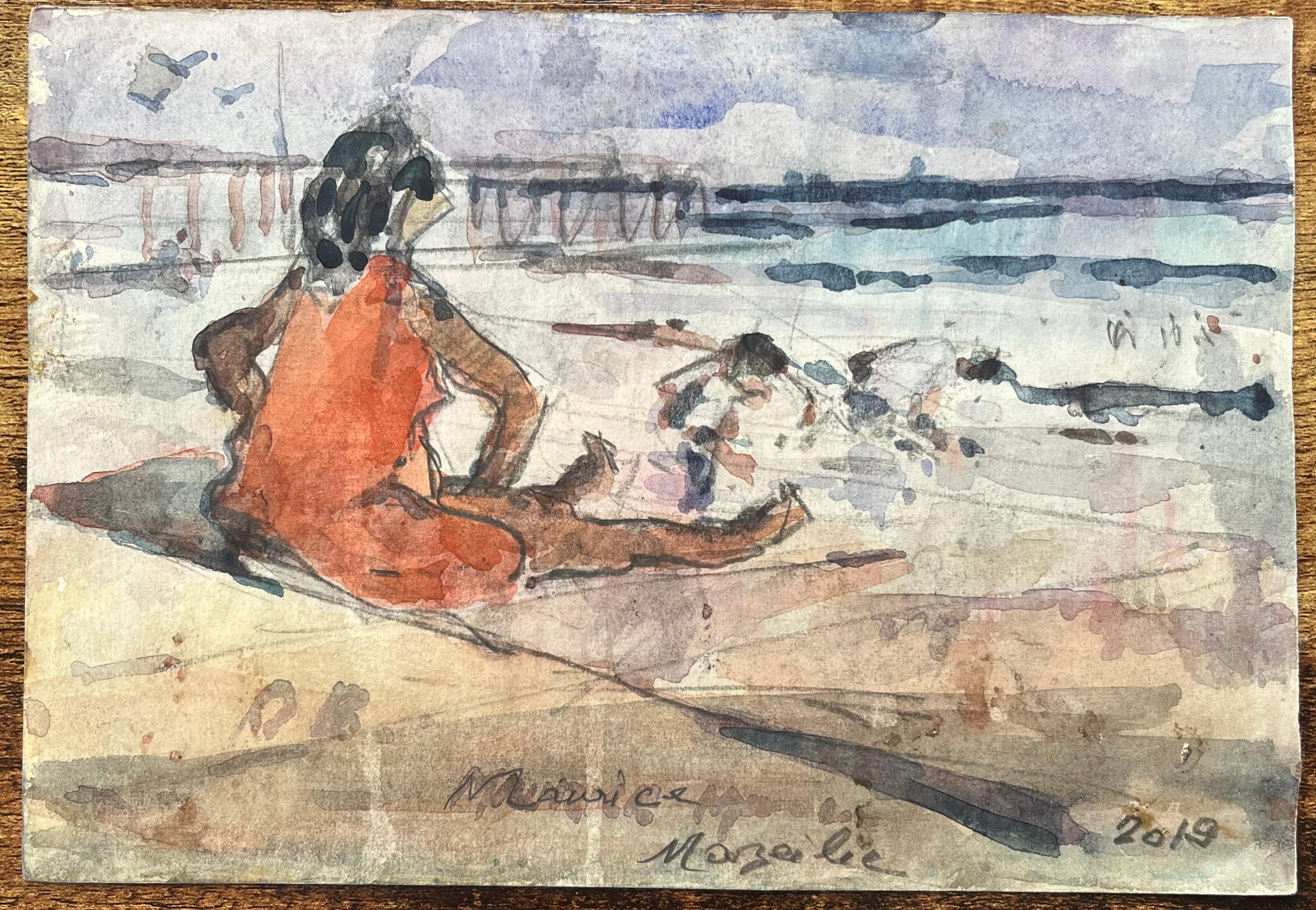 Acquerello impressionista francese di una scena di spiaggia con figure e cane in vendita 1