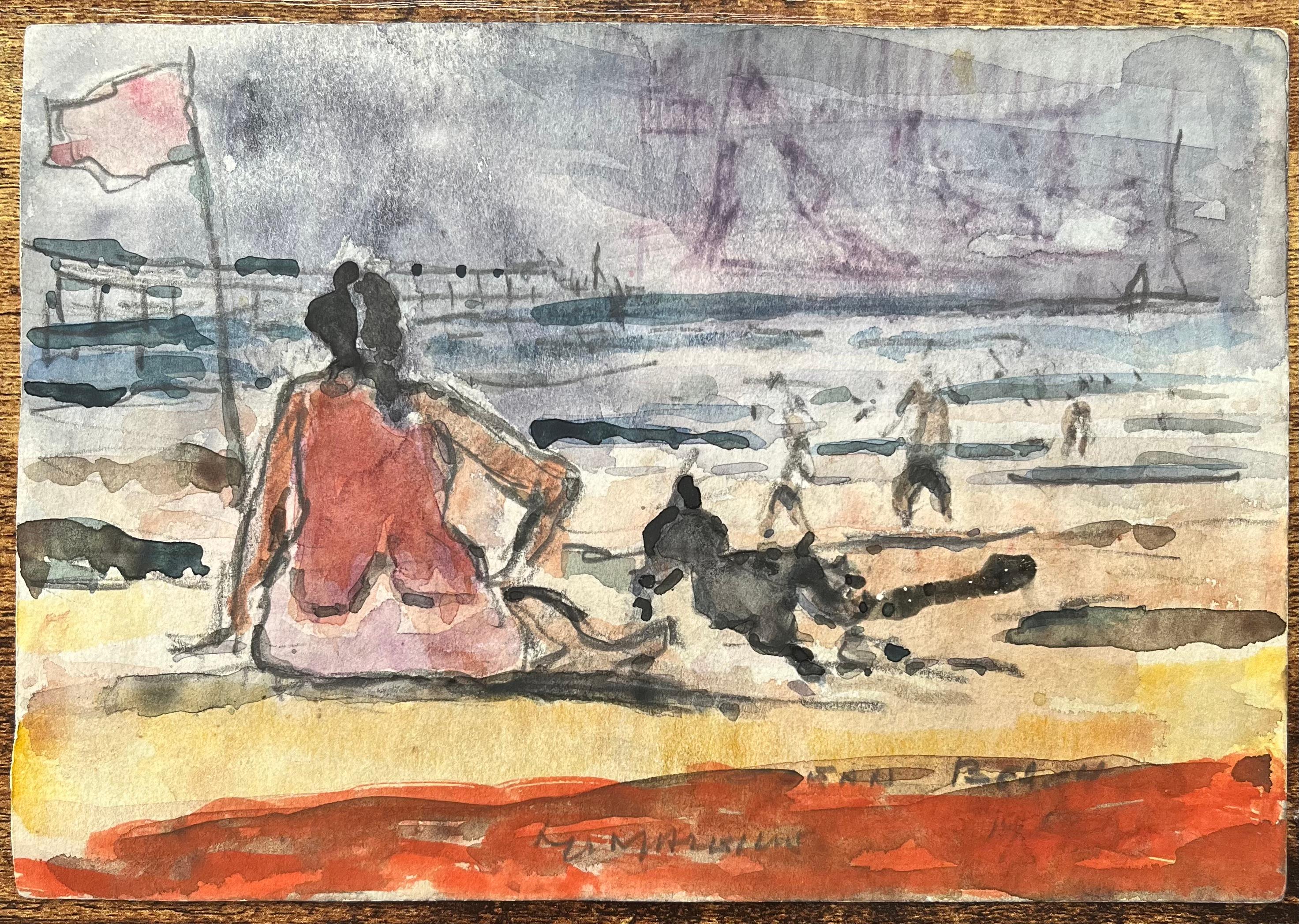 Acquerello impressionista francese di una scena di spiaggia con figure e cane - Art di Maurice Mazeilie