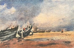French Impressionist Watercolor of Fishing Boats Beached on the Shore