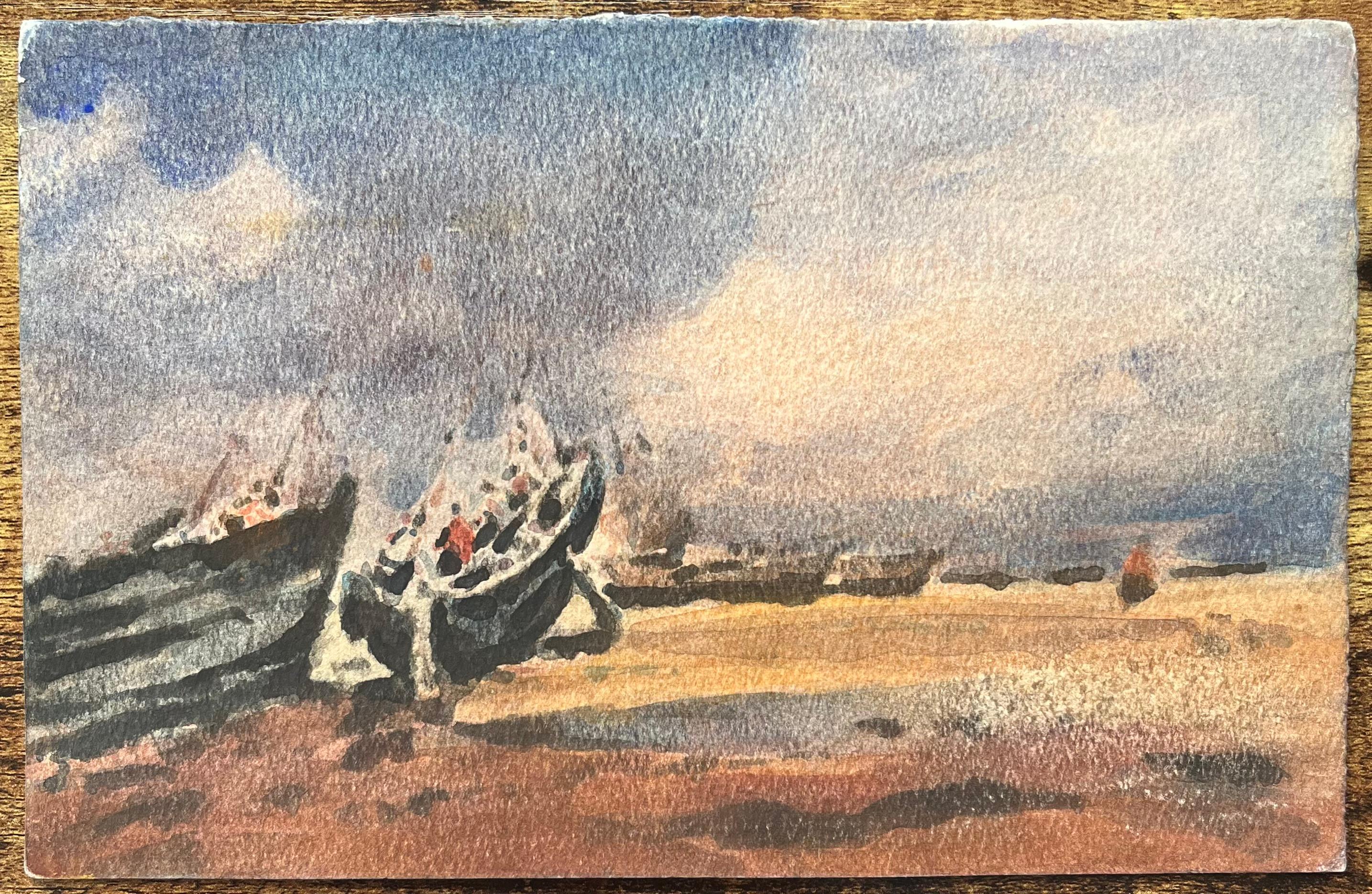 Acquerello impressionista francese con barche da pesca spiaggiate sulla riva del mare - Art Impressionismo di Maurice Mazeilie