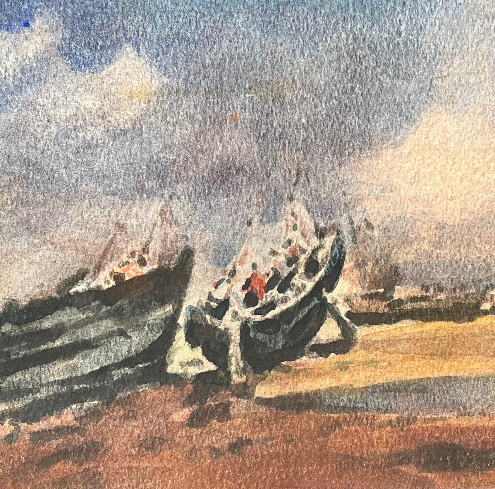 Titolo: Acquerello impressionista francese di barche da pesca spiaggiate sulla costa
Di Maurice Mazeilie (francese 1924-2021)
Medium: Acquerello su carta, senza cornice
Dimensioni: 6,25 x 9,75 pollici (altezza x larghezza)
Timbrato: Verso
Condit: